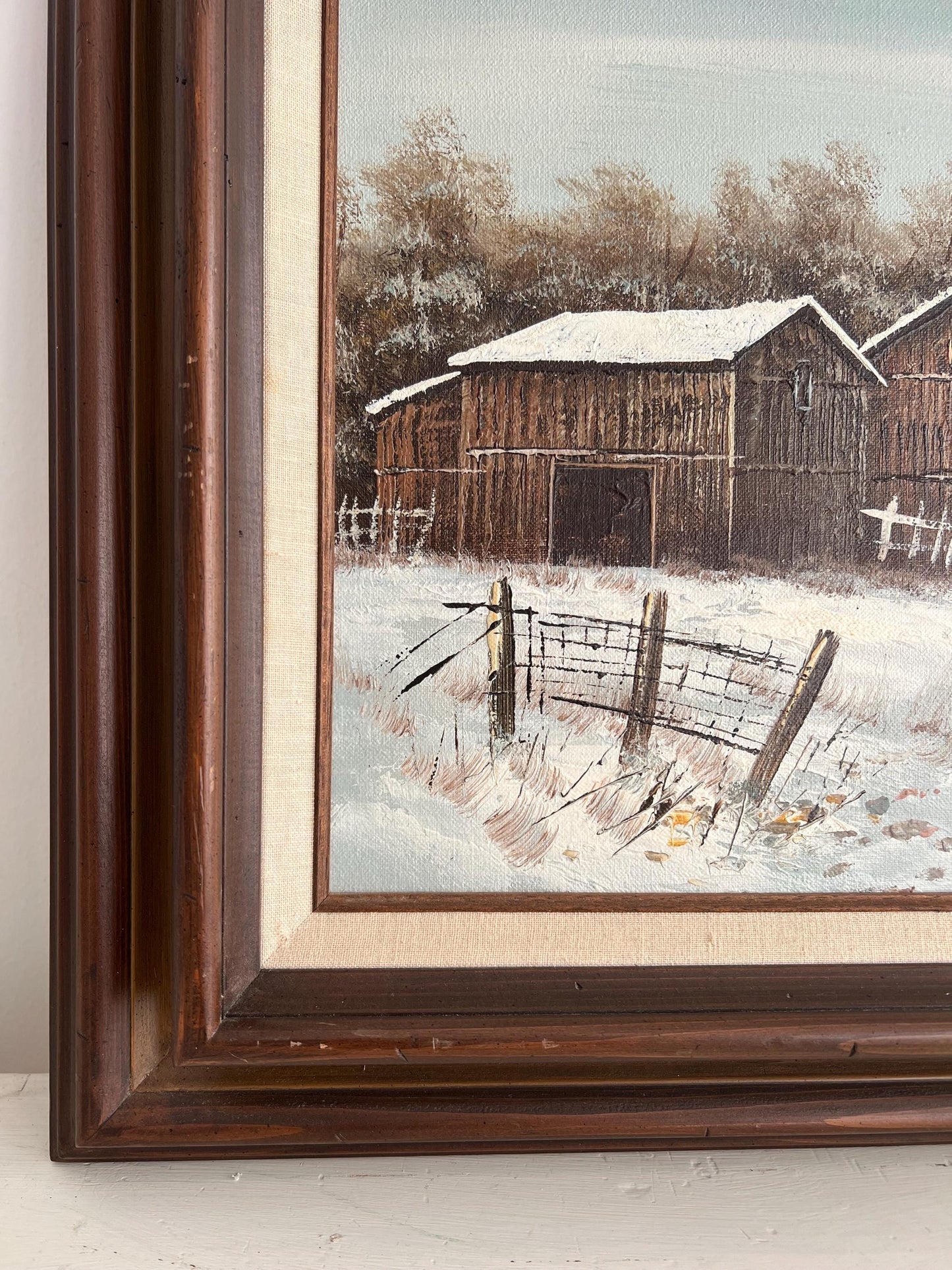 Original Vintage Farm Oil Painting, 18"x22" Framed,   Vintage Farmhouse in Snow, Old Barn Painting