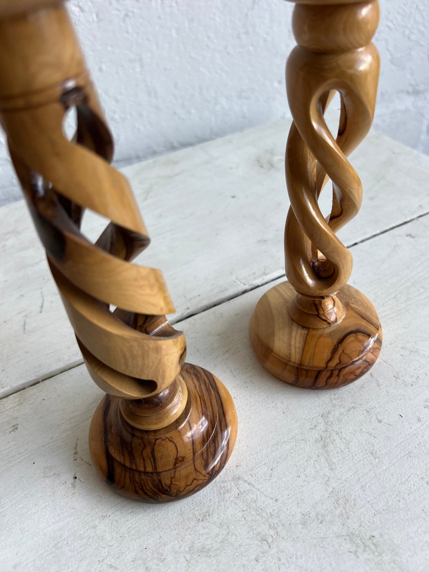 TWO Carved Olive Wood Twisted Candlesticks, Non-Matching Wooden Candle Pair, 9.75" & 9" Candlesticks