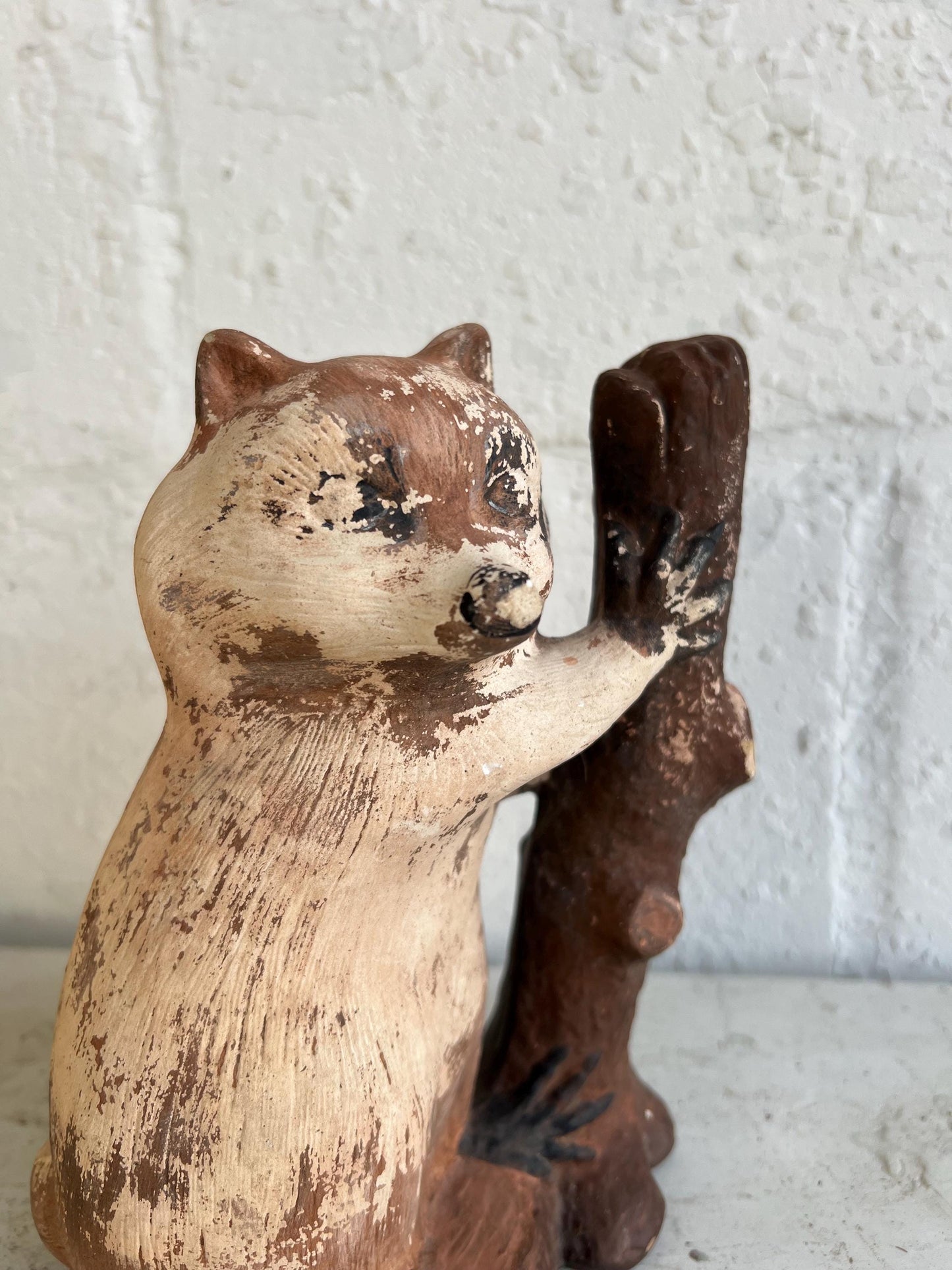 Vintage Worn Ceramic Raccoon Figurine with Log | Distressed Figurine with Very Worn Paint, Vintage Animal Figurine, Vintage Boys Room