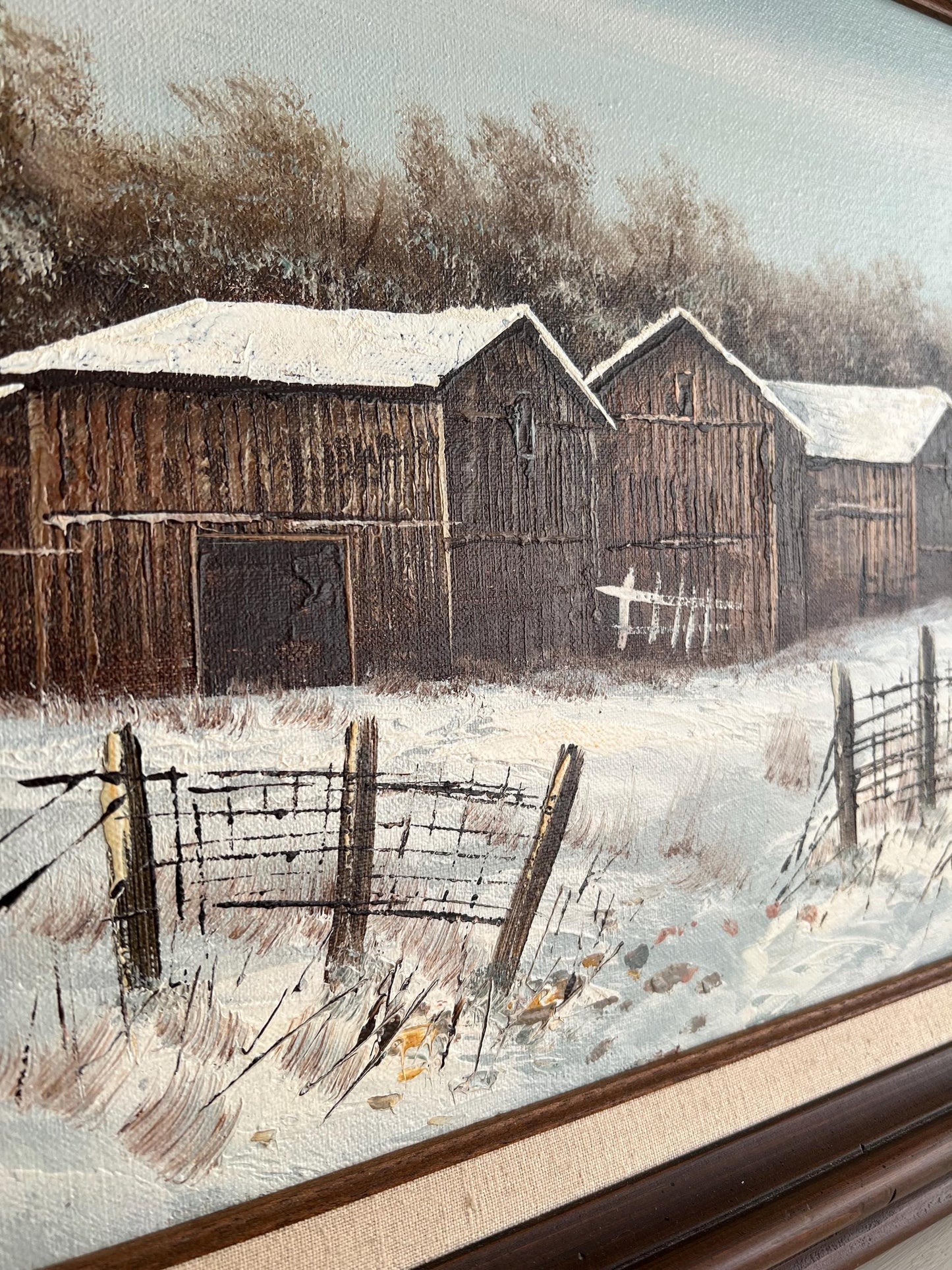 Original Vintage Farm Oil Painting, 18"x22" Framed,   Vintage Farmhouse in Snow, Old Barn Painting