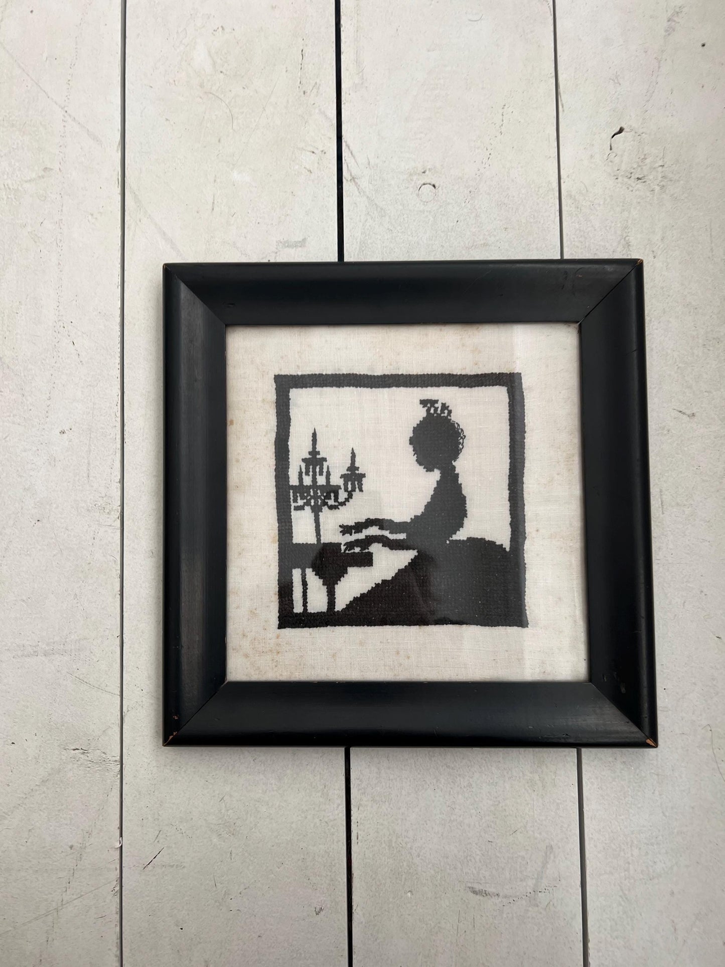 Vintage Hand-Stitched Silhouette Girl + Piano | 11" Antique Cross Stitched, Needlepoint Silhouette, Needlework Vintage, Primitive Needlework