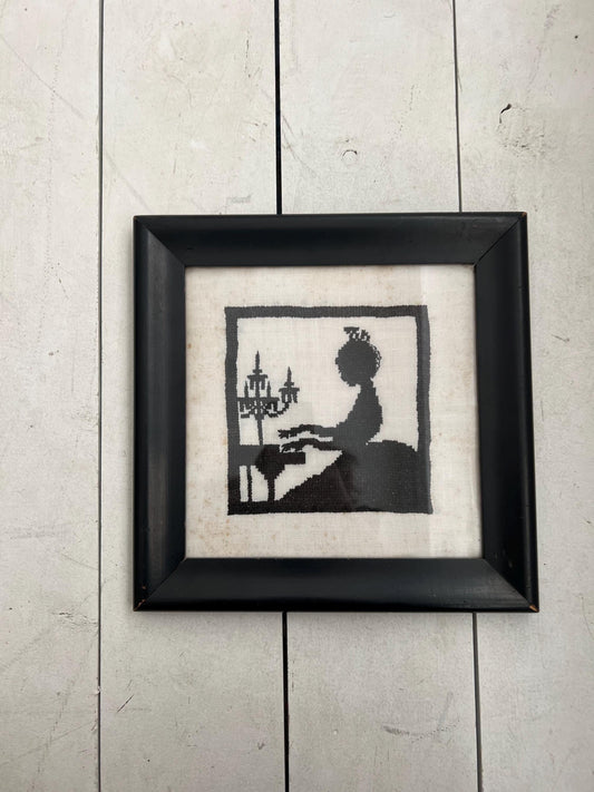 Vintage Hand-Stitched Silhouette Girl + Piano | 11" Antique Cross Stitched, Needlepoint Silhouette, Needlework Vintage, Primitive Needlework