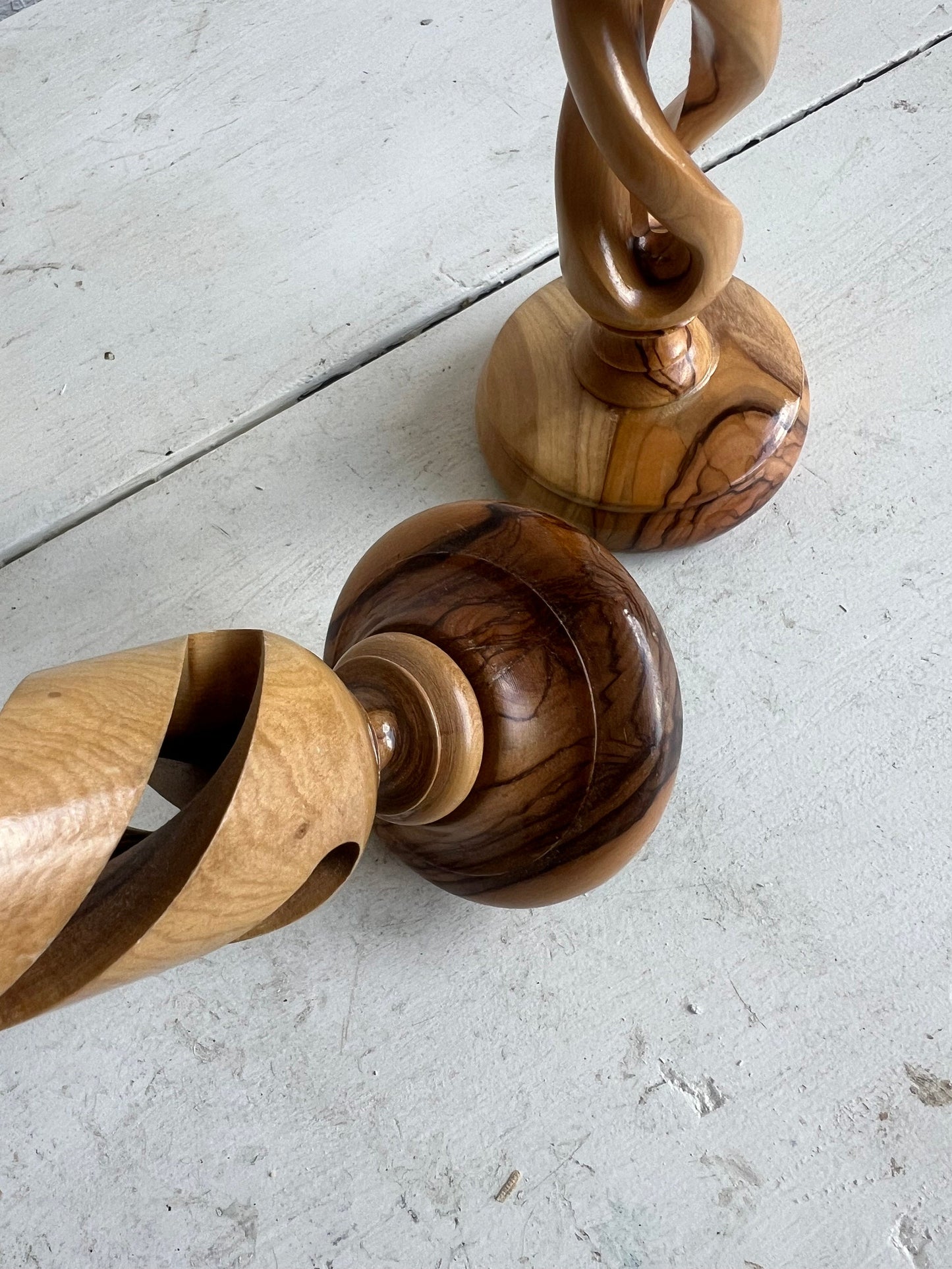 TWO Carved Olive Wood Twisted Candlesticks, Non-Matching Wooden Candle Pair, 9.75" & 9" Candlesticks