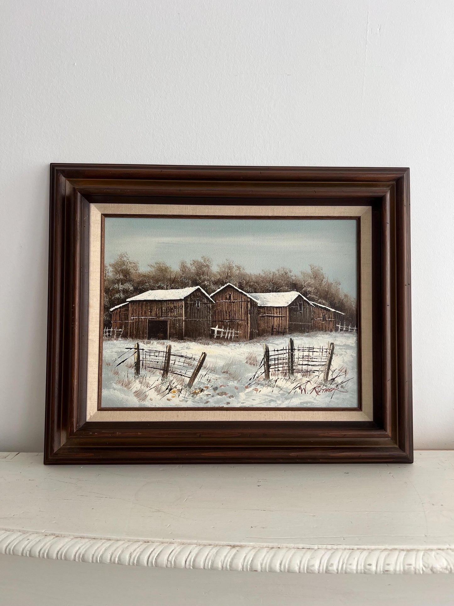 Original Vintage Farm Oil Painting, 18"x22" Framed,   Vintage Farmhouse in Snow, Old Barn Painting