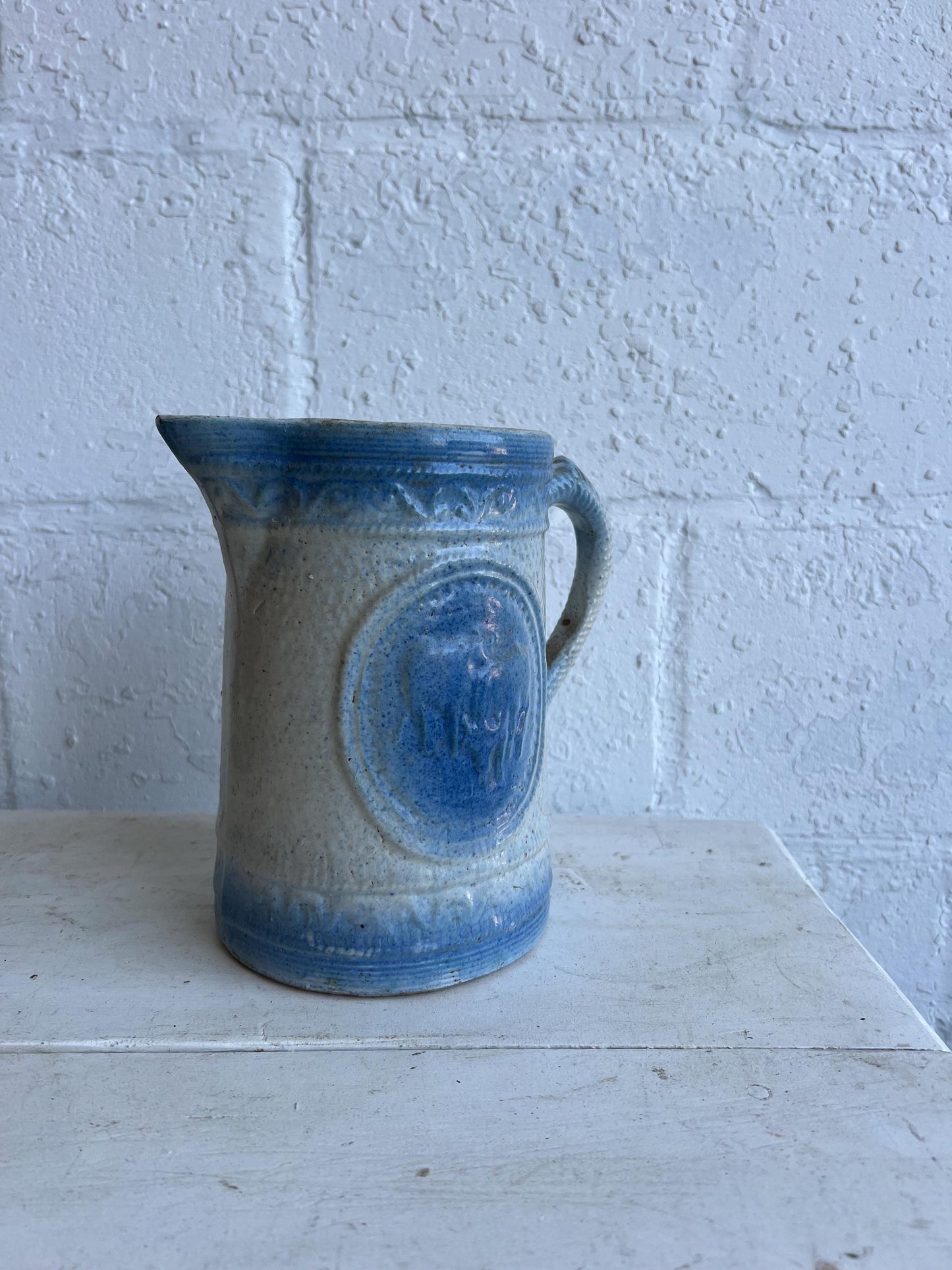 Antique Salt Glaze Stoneware Pitcher, 8" Pitcher Grey & Blue Details with Cows, Old Stoneware Pottery, Antique Stoneware, Farmhouse Decor