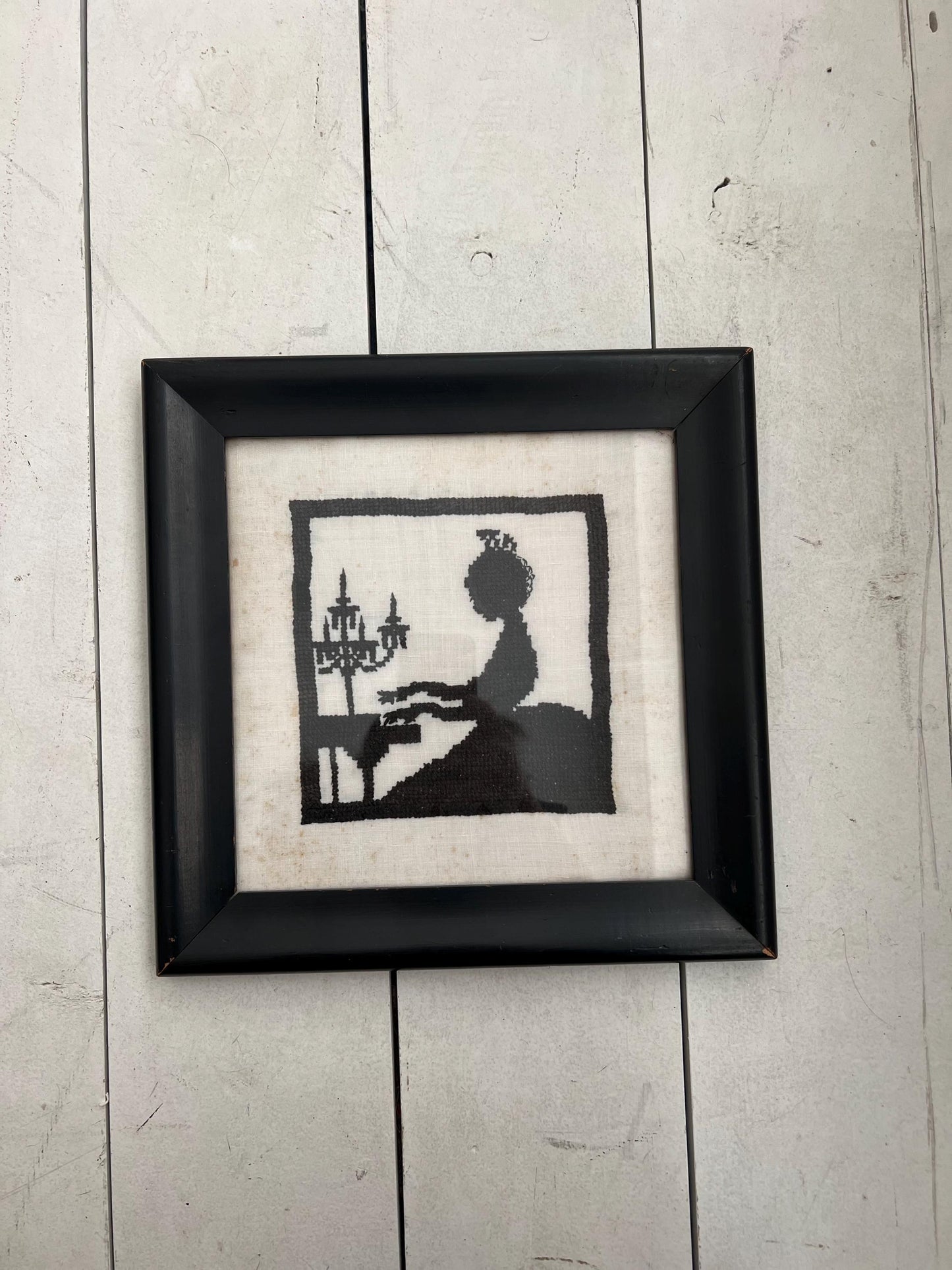 Vintage Hand-Stitched Silhouette Girl + Piano | 11" Antique Cross Stitched, Needlepoint Silhouette, Needlework Vintage, Primitive Needlework