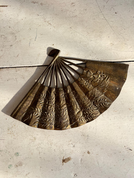 Vintage Brass Asian Fan, Brass Wall Art, Phoenix Rising Detail, Vintage Brass Animal, Brass Patina Wall Art