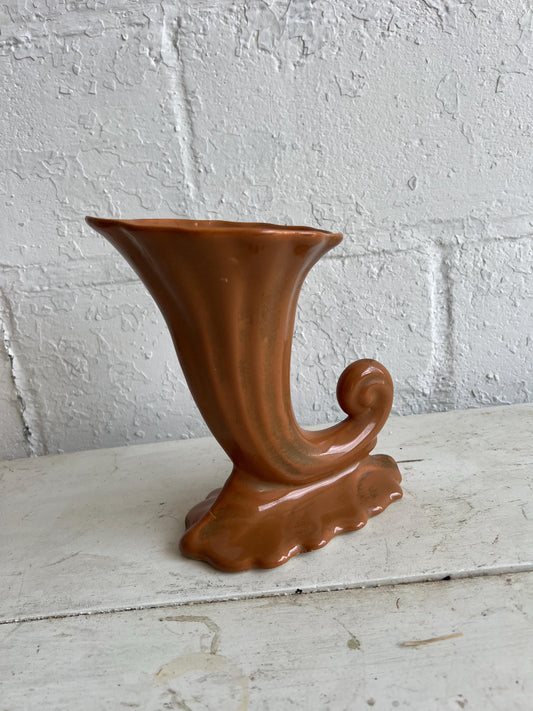 Vintage Orange Pottery Cornucopia Vase | 8.5" Tall Vintage Cornucopia Container, Fall Vintage Vase, Vintage Floral Container