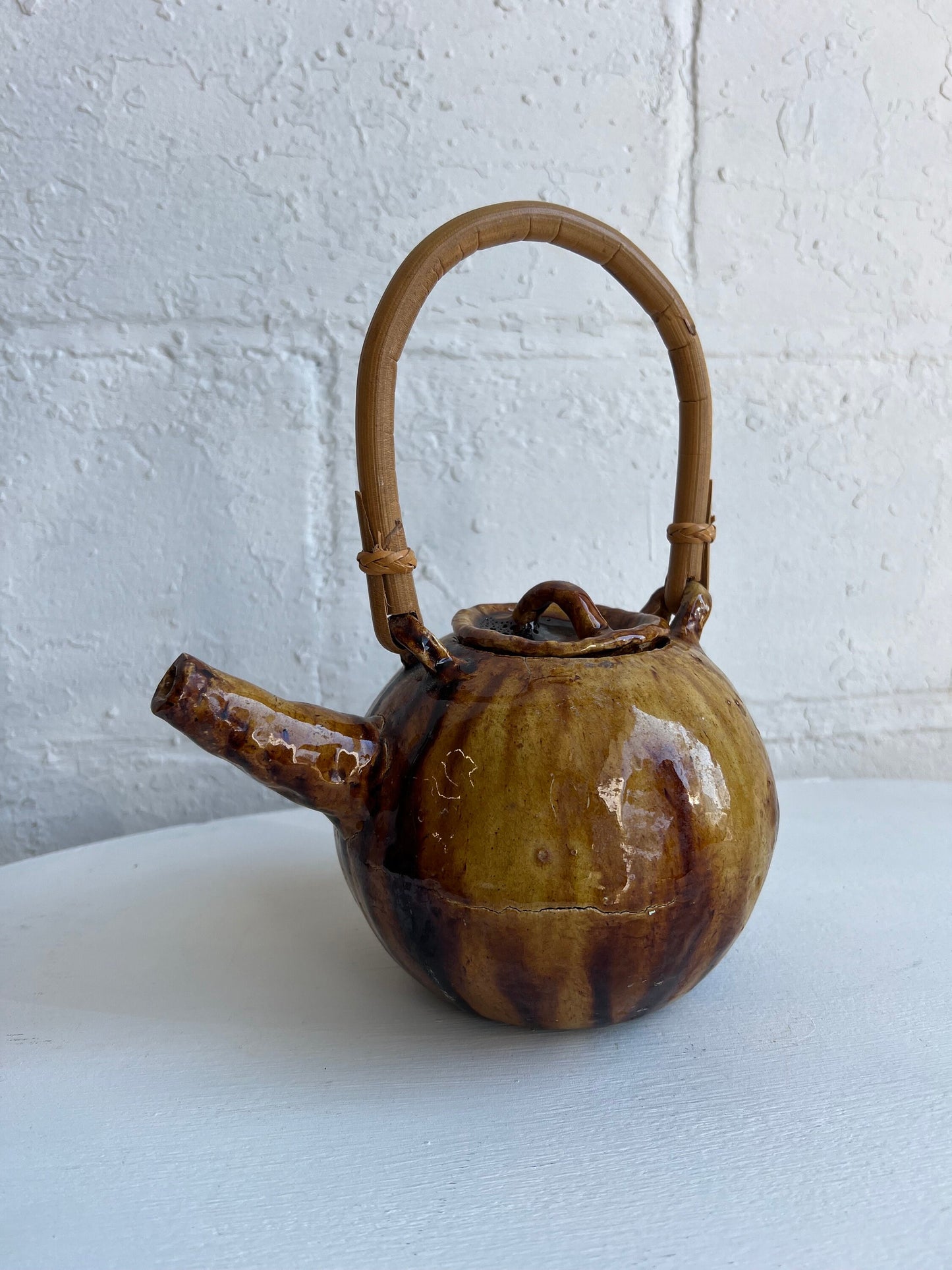 Vintage Pottery Teapot with Brown Glaze & Bamboo Handle