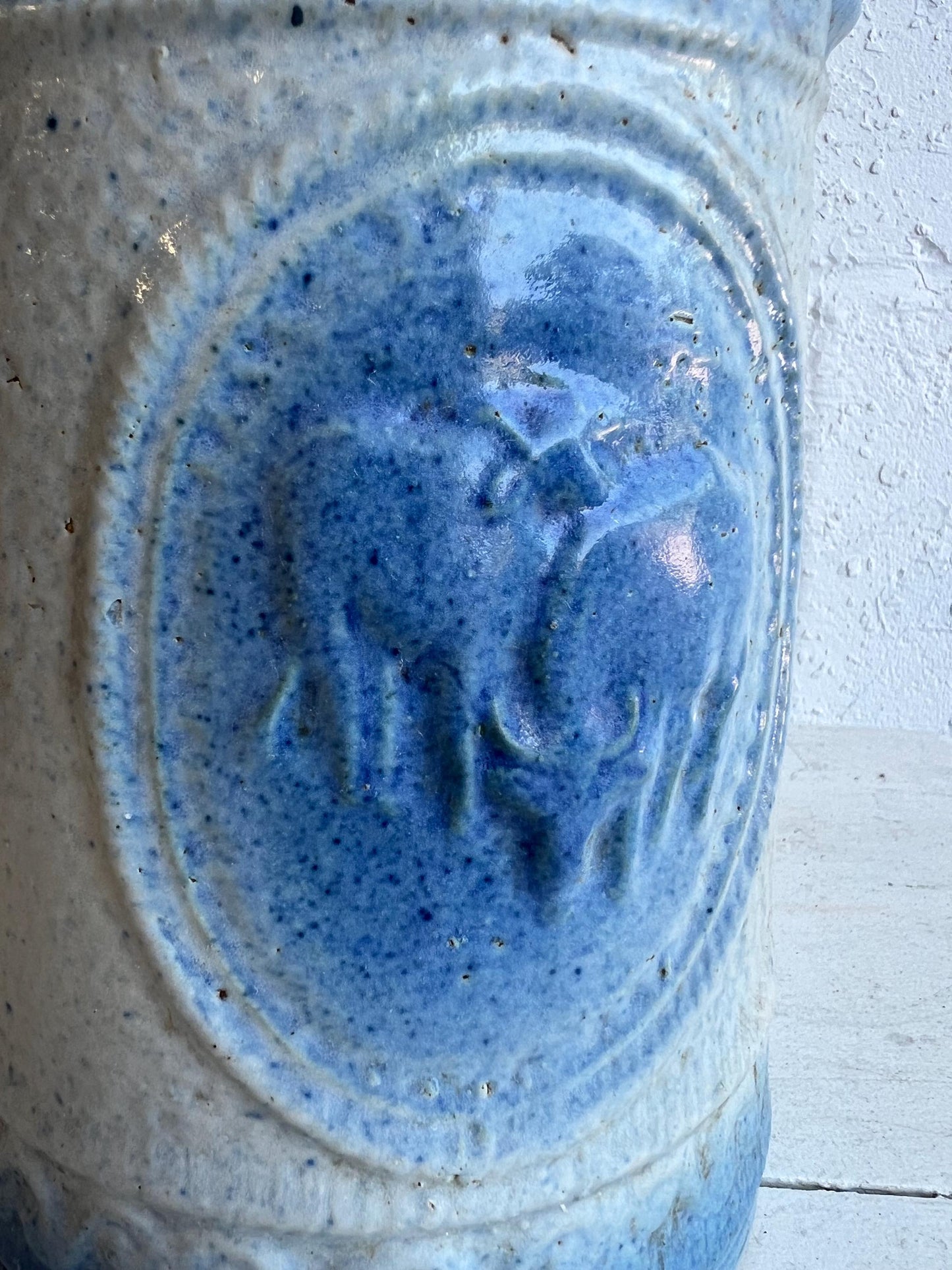 Antique Salt Glaze Stoneware Pitcher, 8" Pitcher Grey & Blue Details with Cows, Old Stoneware Pottery, Antique Stoneware, Farmhouse Decor