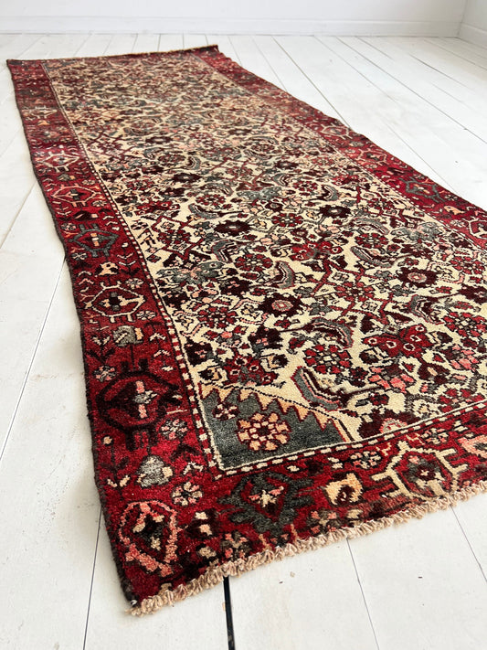 Vintage Oriental Rug 3.7'x9', Handmade, Burgundy, Blue Rug Pattern, Oriental rug Runner, Boho Runner, Hallway Rug, Kitchen Rug