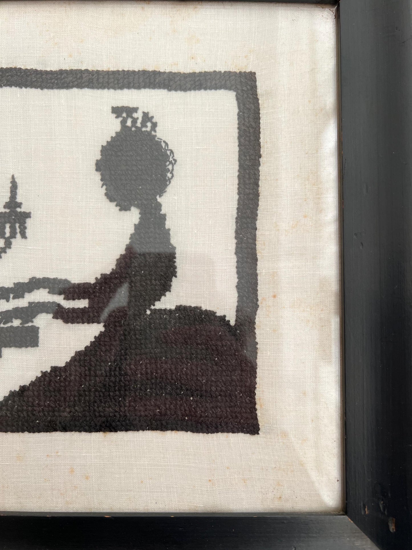 Vintage Hand-Stitched Silhouette Girl + Piano | 11" Antique Cross Stitched, Needlepoint Silhouette, Needlework Vintage, Primitive Needlework