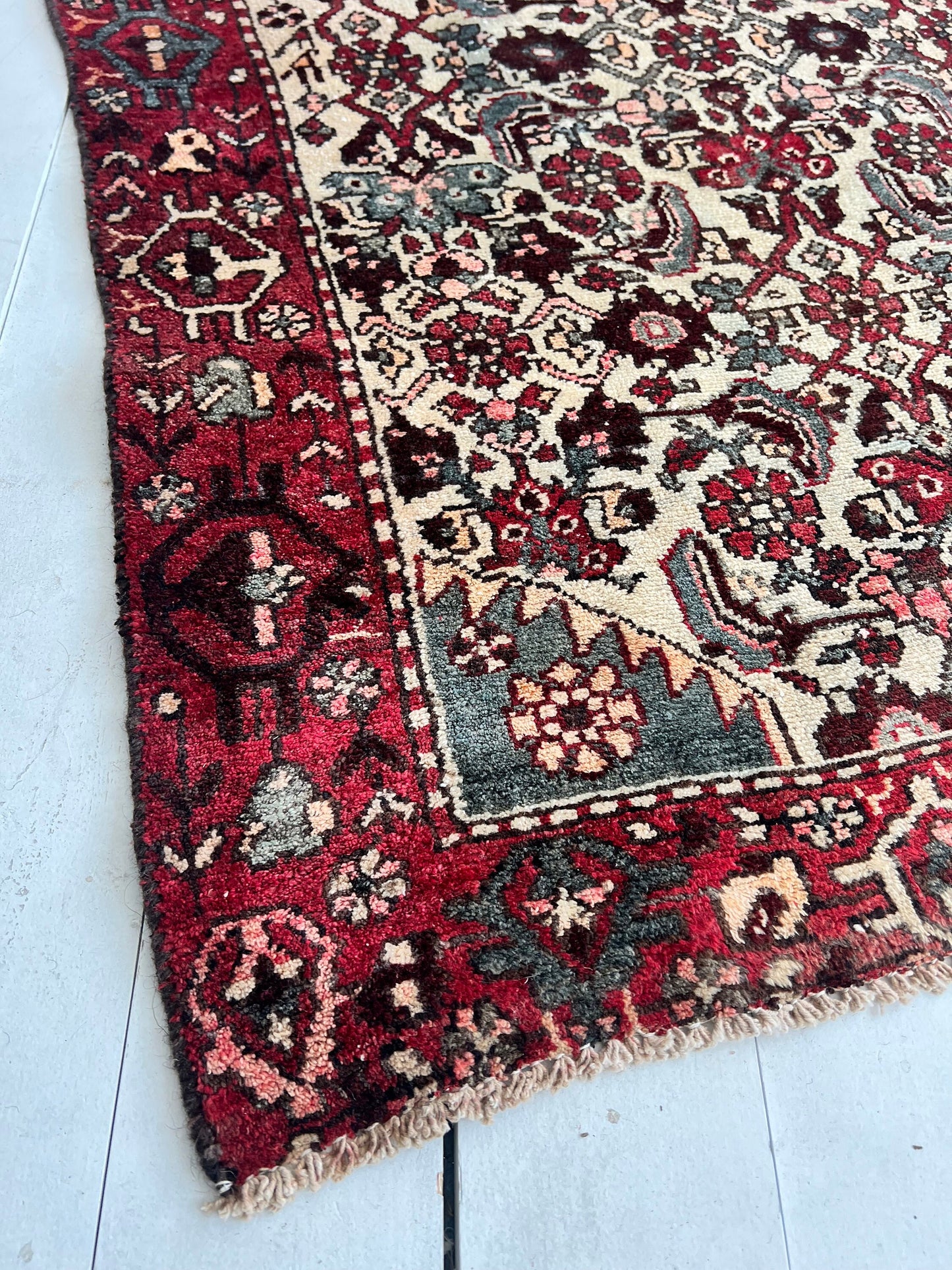 Vintage Oriental Rug 3.7'x9', Handmade, Burgundy, Blue Rug Pattern, Oriental rug Runner, Boho Runner, Hallway Rug, Kitchen Rug