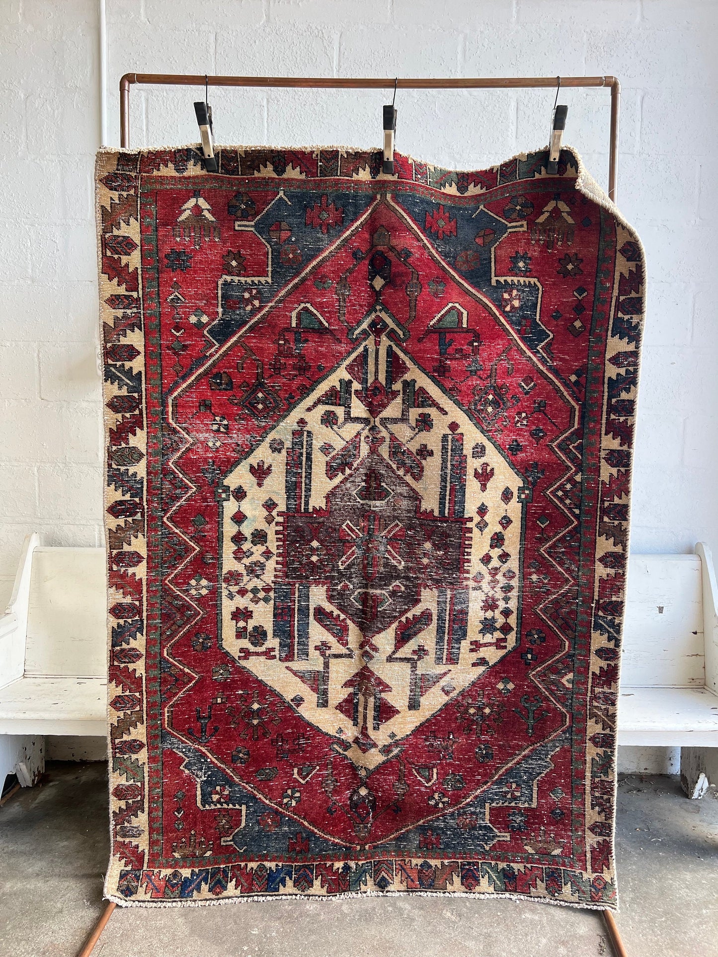 Vintage Oriental Rug 4.10x6.9', Handmade Burgundy, Cream & Blue  Pattern, Oriental rug Runner, Boho Runner, Hallway Rug, Kitchen Rug