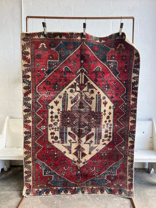 Vintage Oriental Rug 4.10x6.9', Handmade Burgundy, Cream & Blue  Pattern, Oriental rug Runner, Boho Runner, Hallway Rug, Kitchen Rug