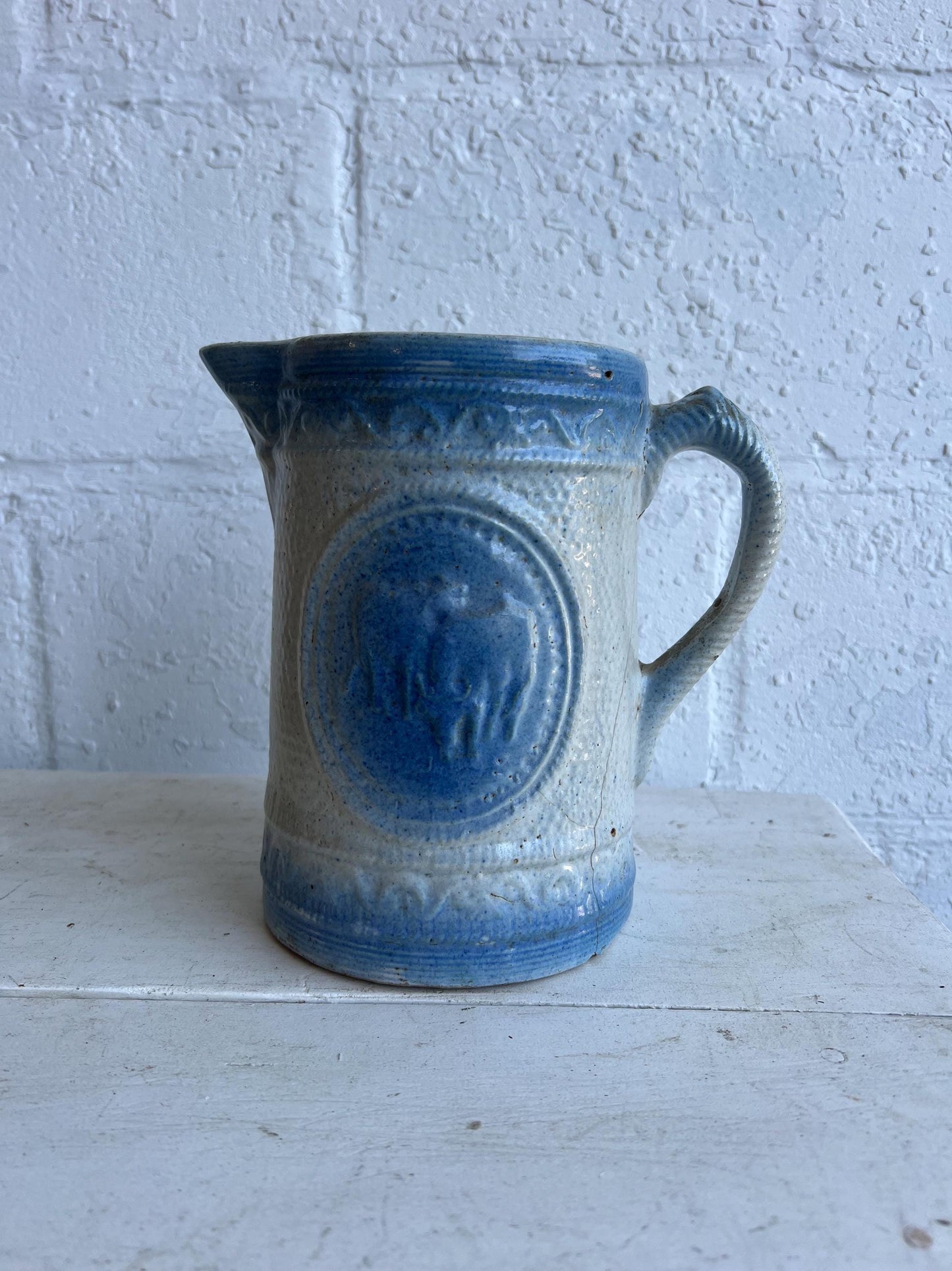 Antique Salt Glaze Stoneware Pitcher, 8" Pitcher Grey & Blue Details with Cows, Old Stoneware Pottery, Antique Stoneware, Farmhouse Decor