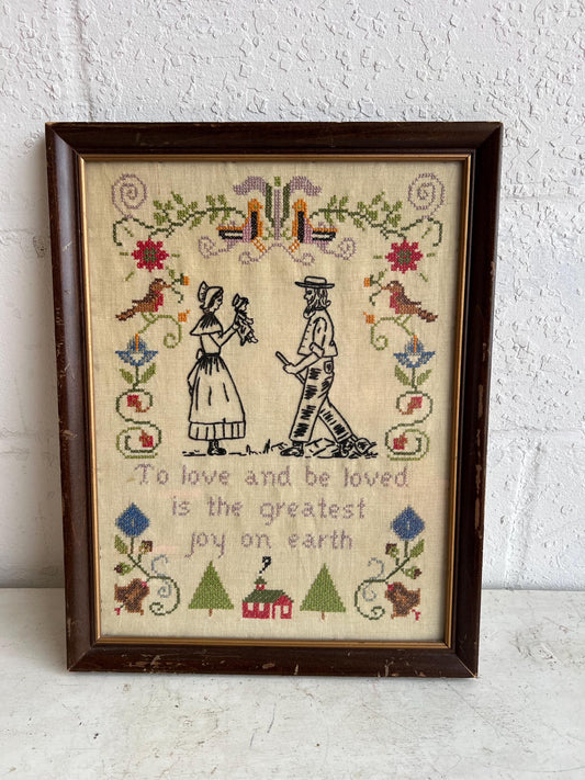 Vintage Amish Country Needle Point, Cross Stitch Art 14"x18" | Vintage Cross Stitch | Vintage Country Art, Handmade Home Decor, Old Decor