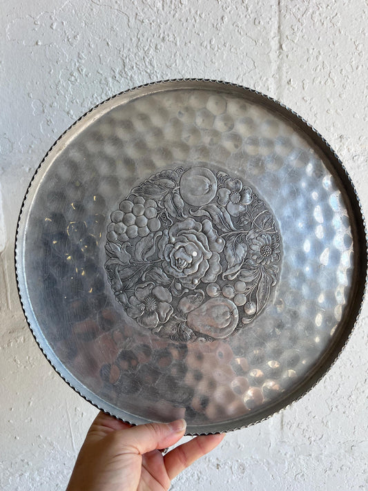 Vintage Aluminum Embossed Tray with Pedestal Stand 12.25” | Vintage Platter, Vintage Cake Stand, Tray, Vintage Kitchenware, Aluminum
