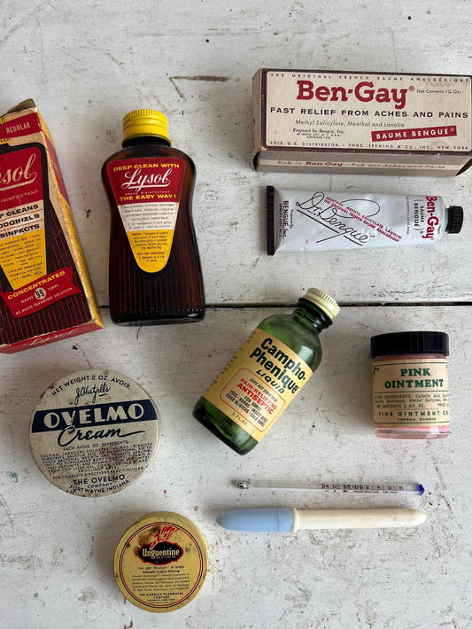 Lot of 7 Vintage Medicine Cabinet, Old Medicine Cabinet Advertising Items, Old Rusty Tin, Old Medical Tin, Advertising Tin, Primitive  Decor