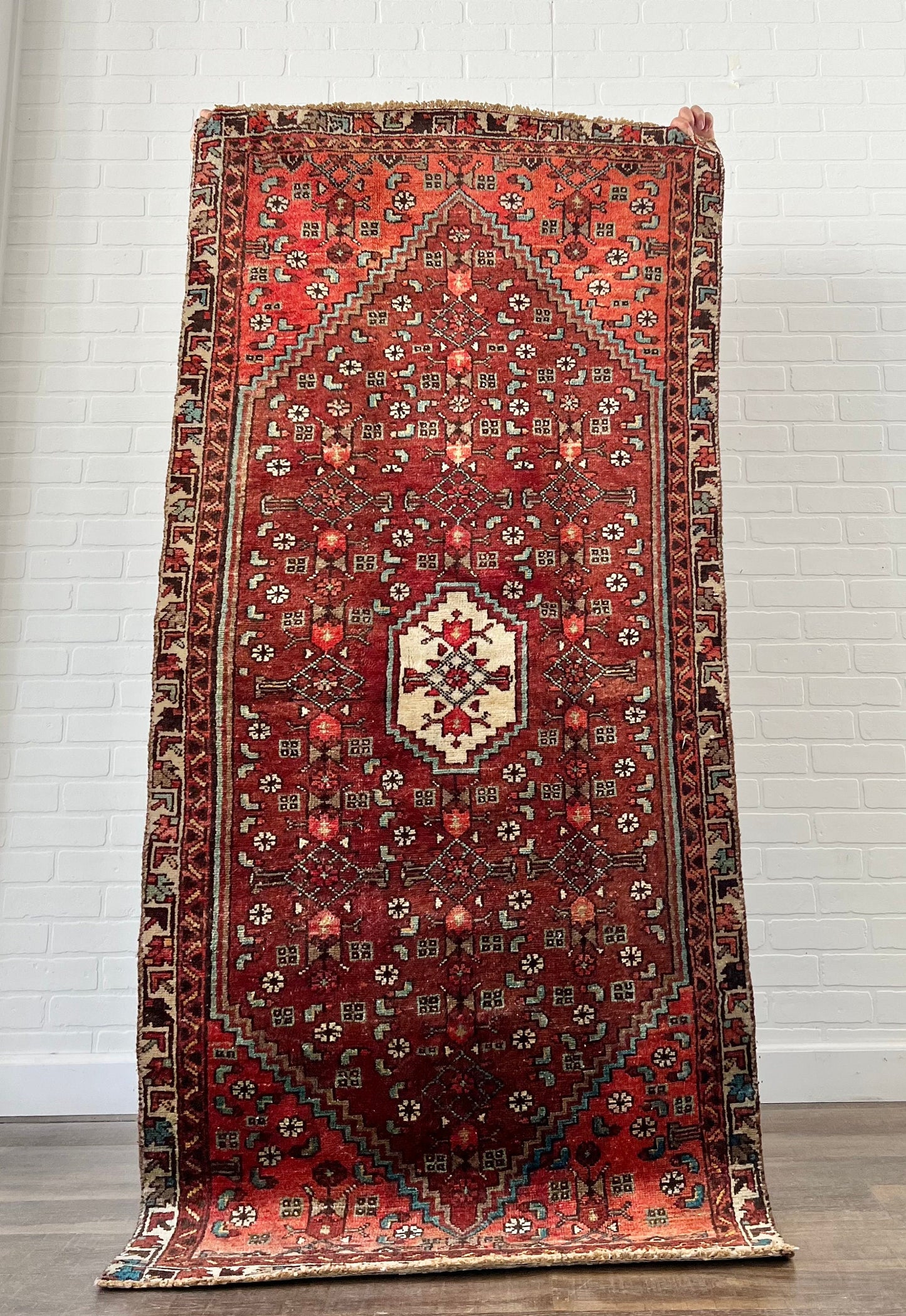 Vintage Oriental Rug 6'4" x 3', Handmade, Burgundy, Blue Rug Pattern, Oriental rug Runner, Boho Runner, Hallway Rug, Kitchen Rug