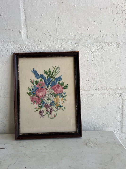 Vintage Flower Bouquet Cross Stitch Art 13" x 10" | Vintage Cross Stitch | Vintage Flower Art, Handmade Home Decor, Old Decor