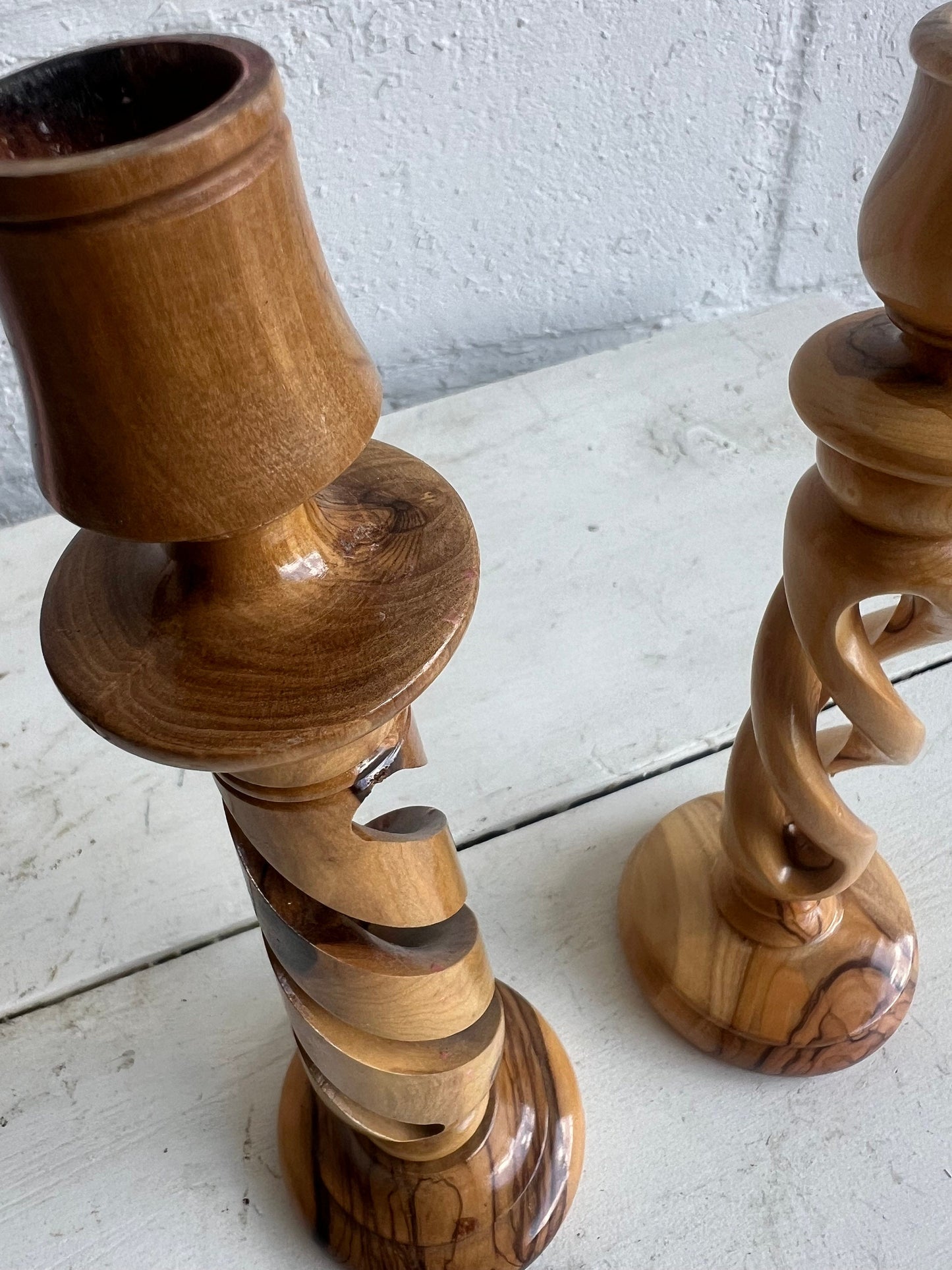TWO Carved Olive Wood Twisted Candlesticks, Non-Matching Wooden Candle Pair, 9.75" & 9" Candlesticks