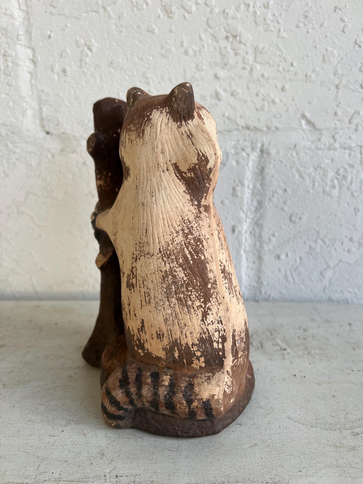 Vintage Worn Ceramic Raccoon Figurine with Log | Distressed Figurine with Very Worn Paint, Vintage Animal Figurine, Vintage Boys Room