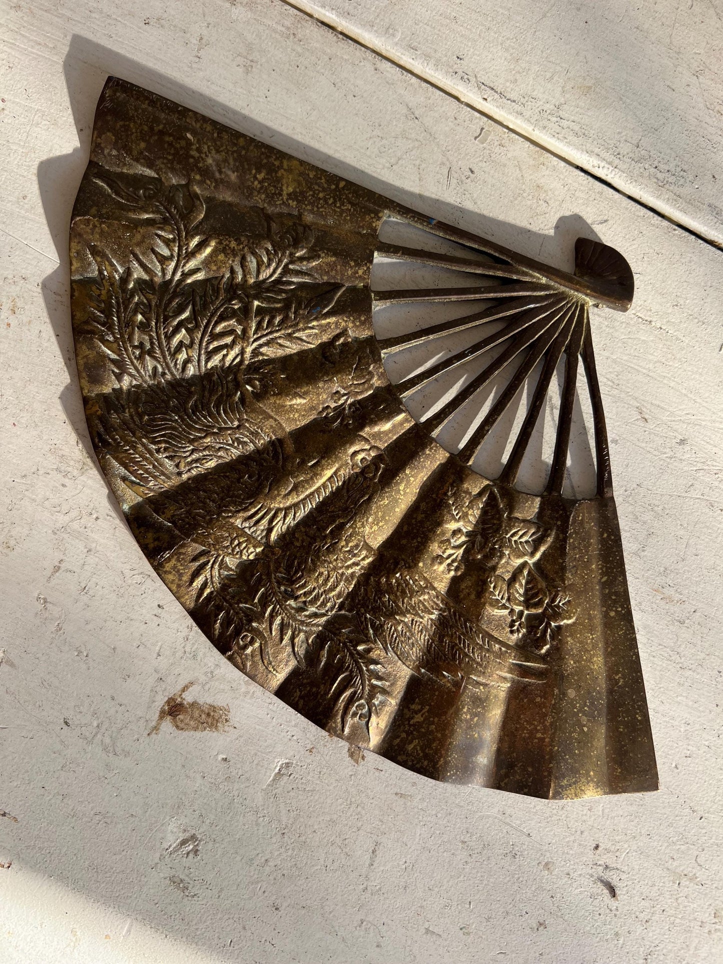 Vintage Brass Asian Fan, Brass Wall Art, Phoenix Rising Detail, Vintage Brass Animal, Brass Patina Wall Art