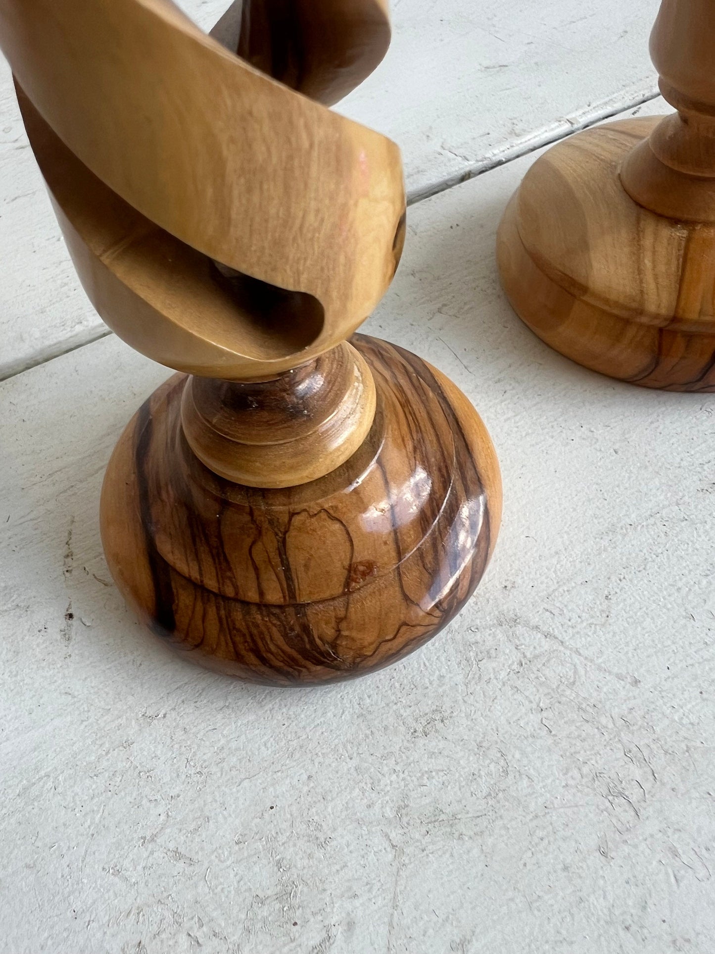TWO Carved Olive Wood Twisted Candlesticks, Non-Matching Wooden Candle Pair, 9.75" & 9" Candlesticks