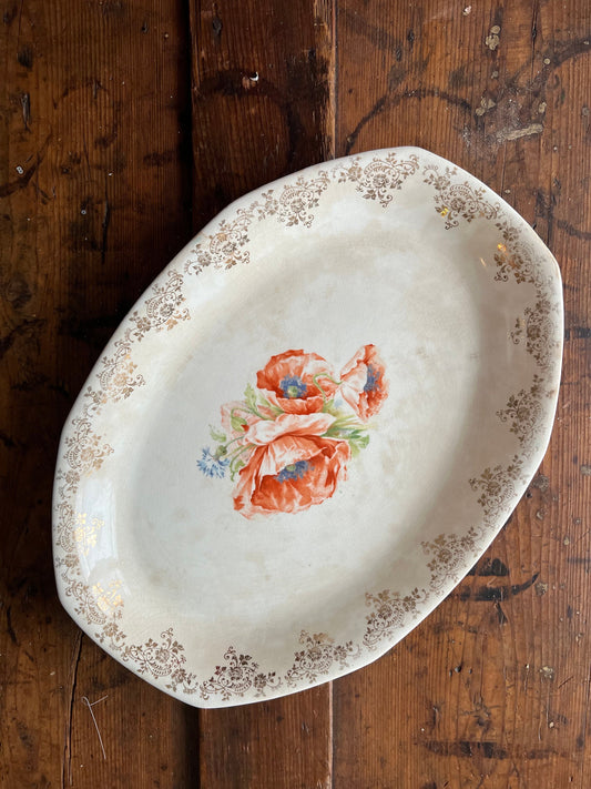 Vintage Homer Laughlin Floral & Gold Platter  | Large 15" Antique Platter
