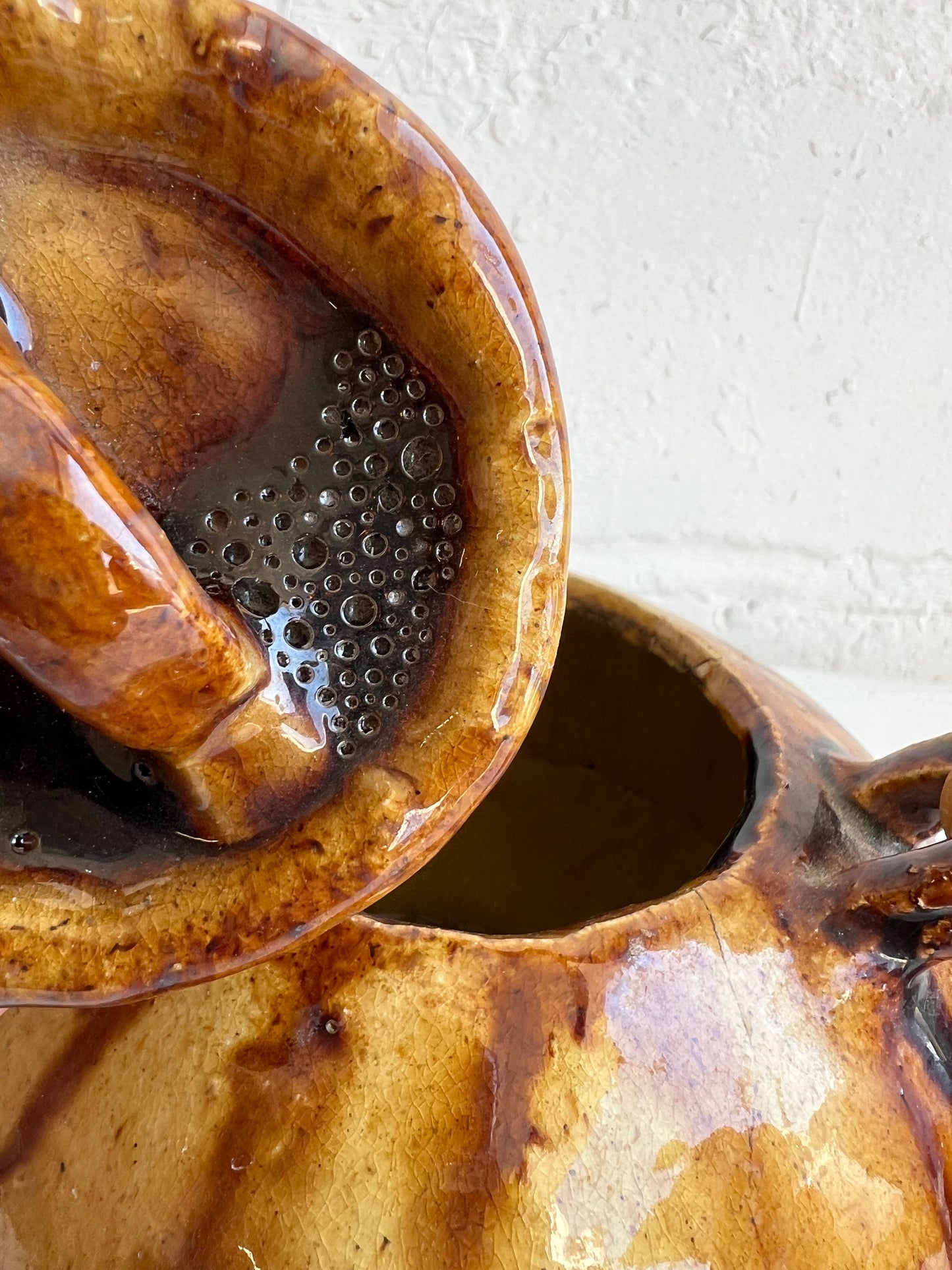 Vintage Pottery Teapot with Brown Glaze & Bamboo Handle