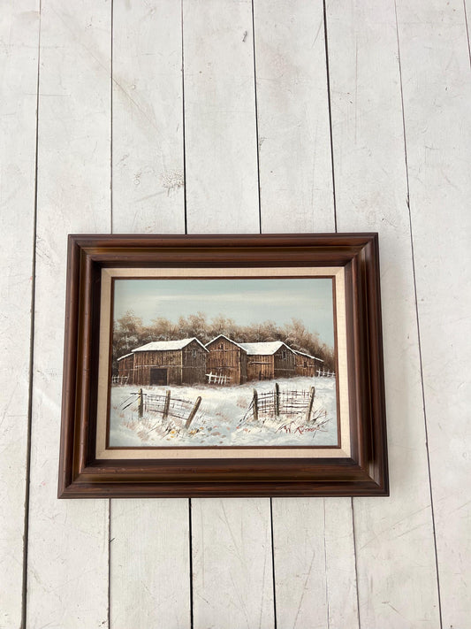 Original Vintage Farm Oil Painting, 18"x22" Framed,   Vintage Farmhouse in Snow, Old Barn Painting