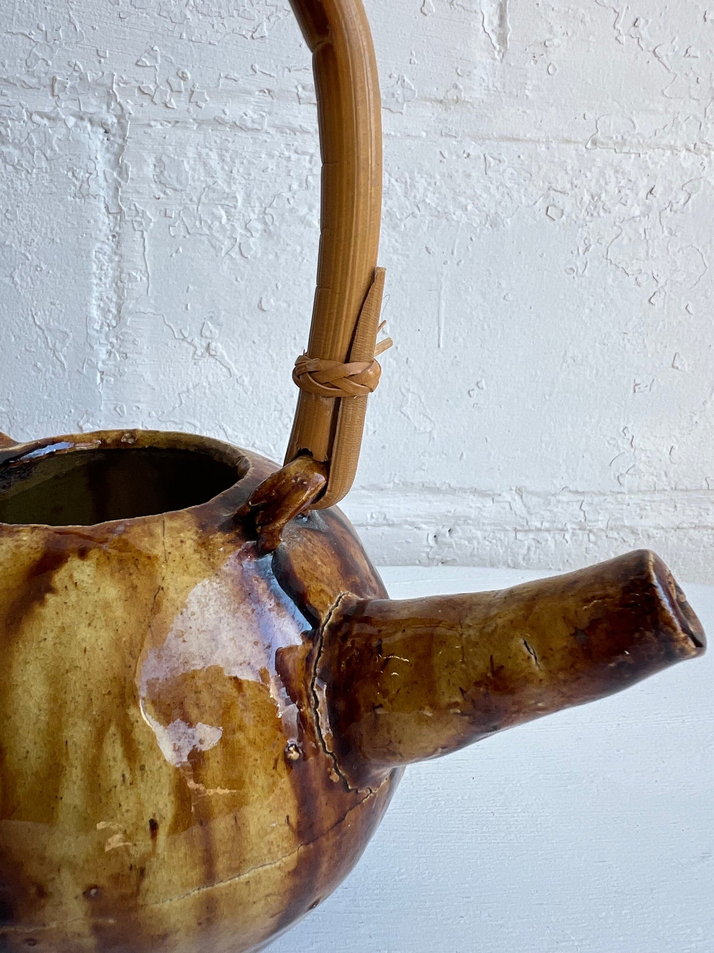 Vintage Pottery Teapot with Brown Glaze & Bamboo Handle