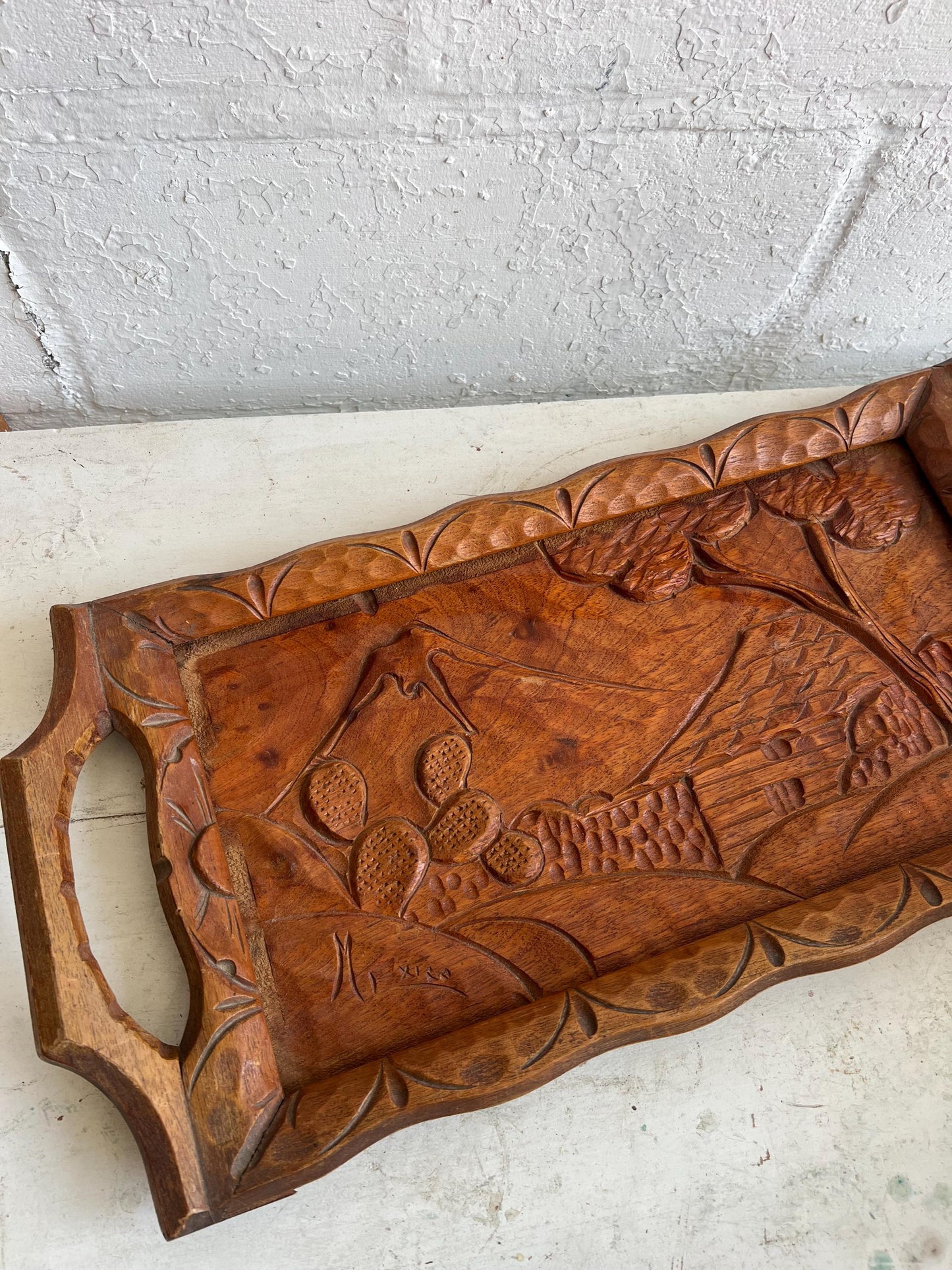 Vintage Hand Carved Wood Serving Tray, Vintage Cactus Tray, MCM Serving Tray