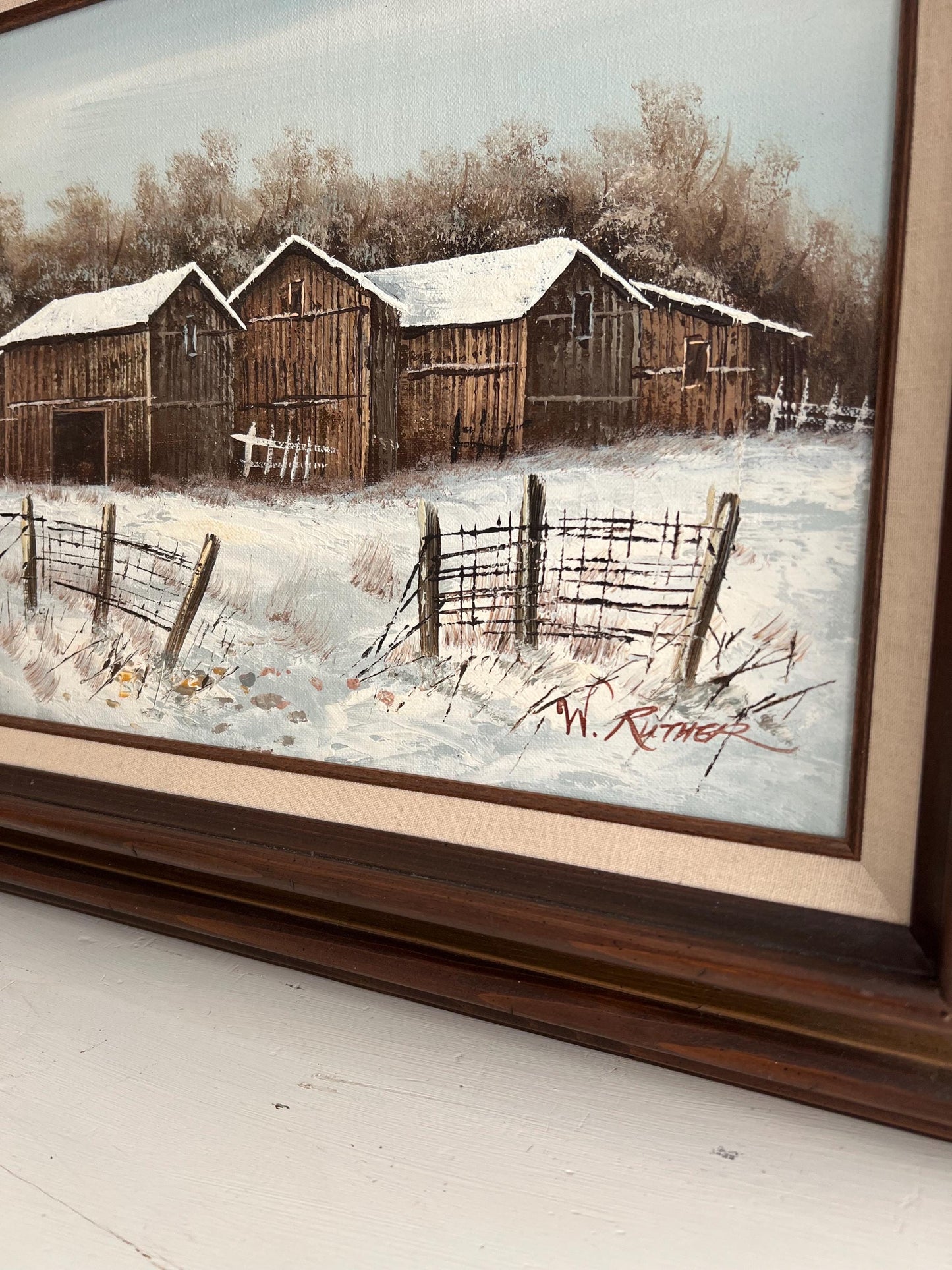 Original Vintage Farm Oil Painting, 18"x22" Framed,   Vintage Farmhouse in Snow, Old Barn Painting