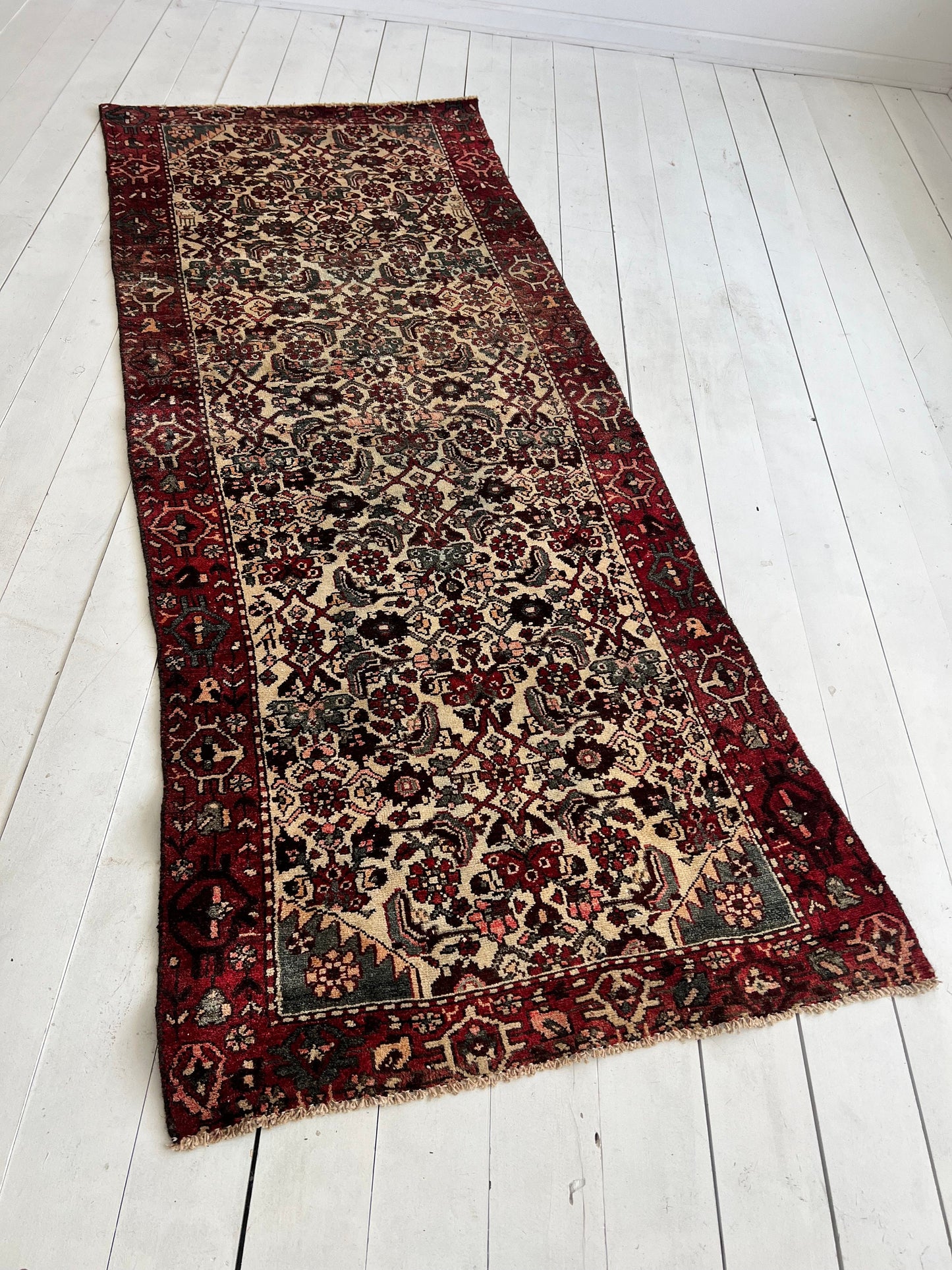 Vintage Oriental Rug 3.7'x9', Handmade, Burgundy, Blue Rug Pattern, Oriental rug Runner, Boho Runner, Hallway Rug, Kitchen Rug