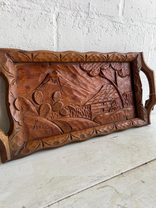 Vintage Hand Carved Wood Serving Tray, Vintage Cactus Tray, MCM Serving Tray