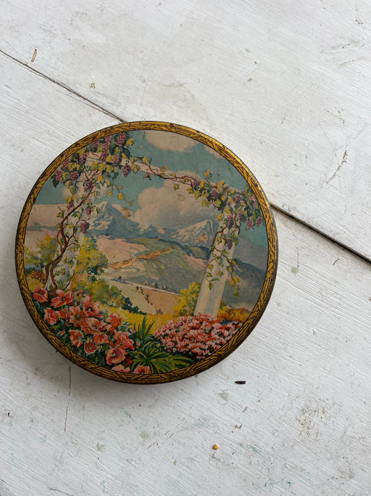 Antique Spring Mountain Tin | Tindeco Antique Tin Box, Mountain & Garden Scene with Florals, Tin with Spring Scene