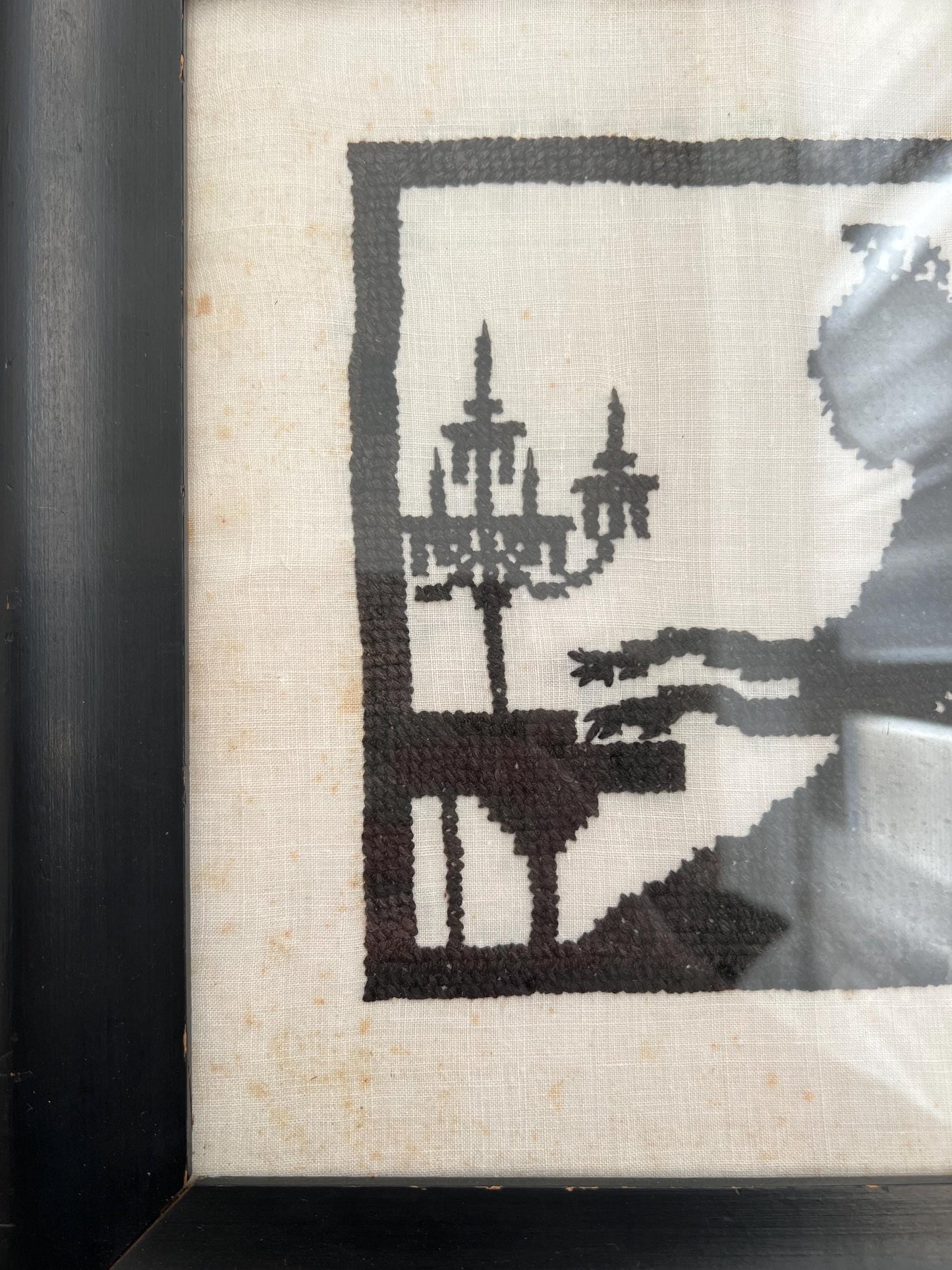 Vintage Hand-Stitched Silhouette Girl + Piano | 11" Antique Cross Stitched, Needlepoint Silhouette, Needlework Vintage, Primitive Needlework
