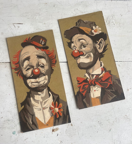 Vintage Paint-by-Number PAIR Clown Portraits, 12"x6" Unframed, Clown Paint-by-Number, Vintage Painting