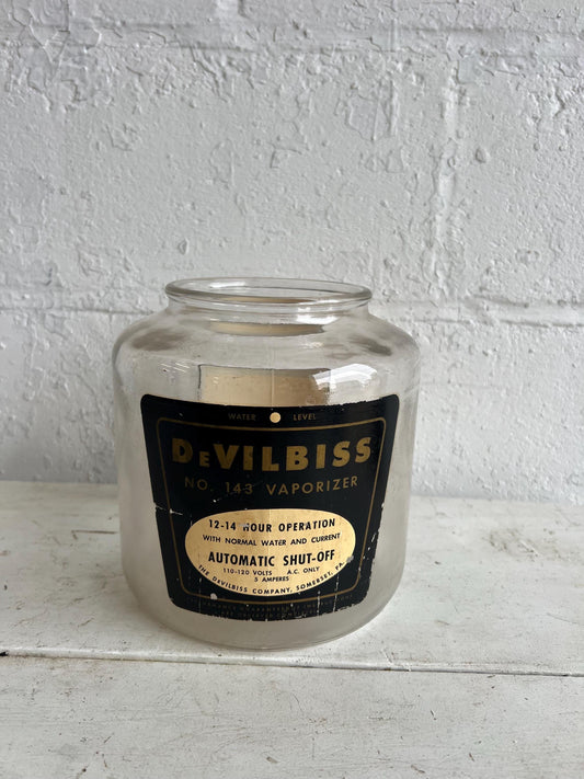 Vintage Devilbiss Vaporizer Glass Jar, Old, Vintage Merchandise, Black & Gold Vintage Decor, Old Glass Jar with Branding