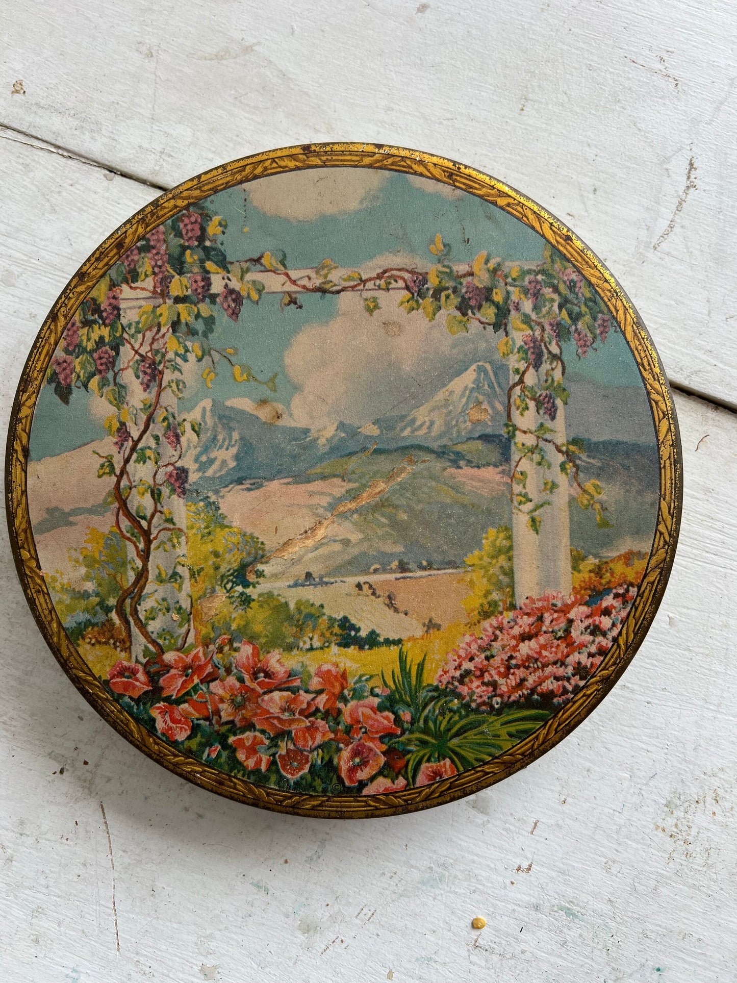 Antique Spring Mountain Tin | Tindeco Antique Tin Box, Mountain & Garden Scene with Florals, Tin with Spring Scene