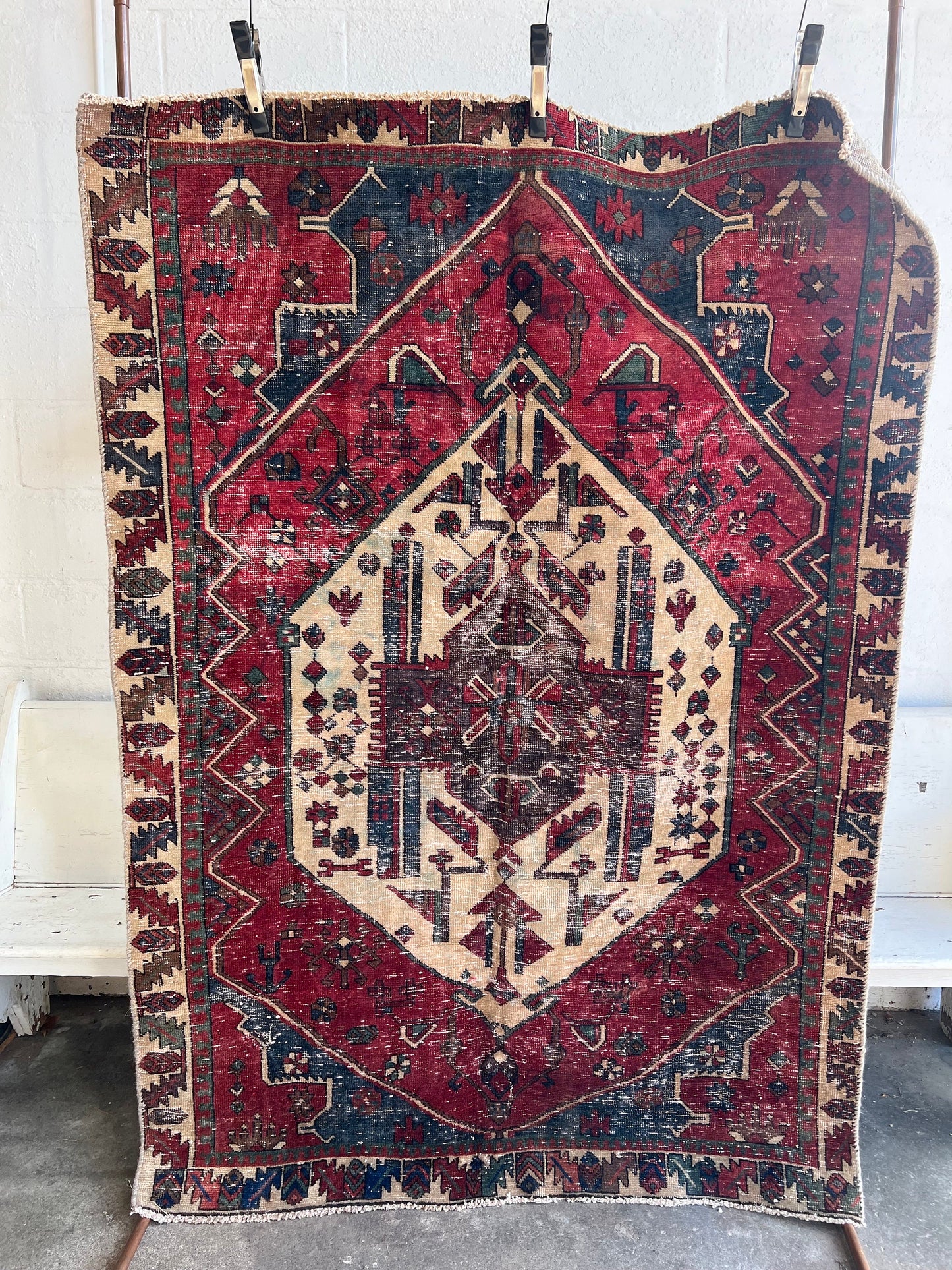 Vintage Oriental Rug 4.10x6.9', Handmade Burgundy, Cream & Blue  Pattern, Oriental rug Runner, Boho Runner, Hallway Rug, Kitchen Rug