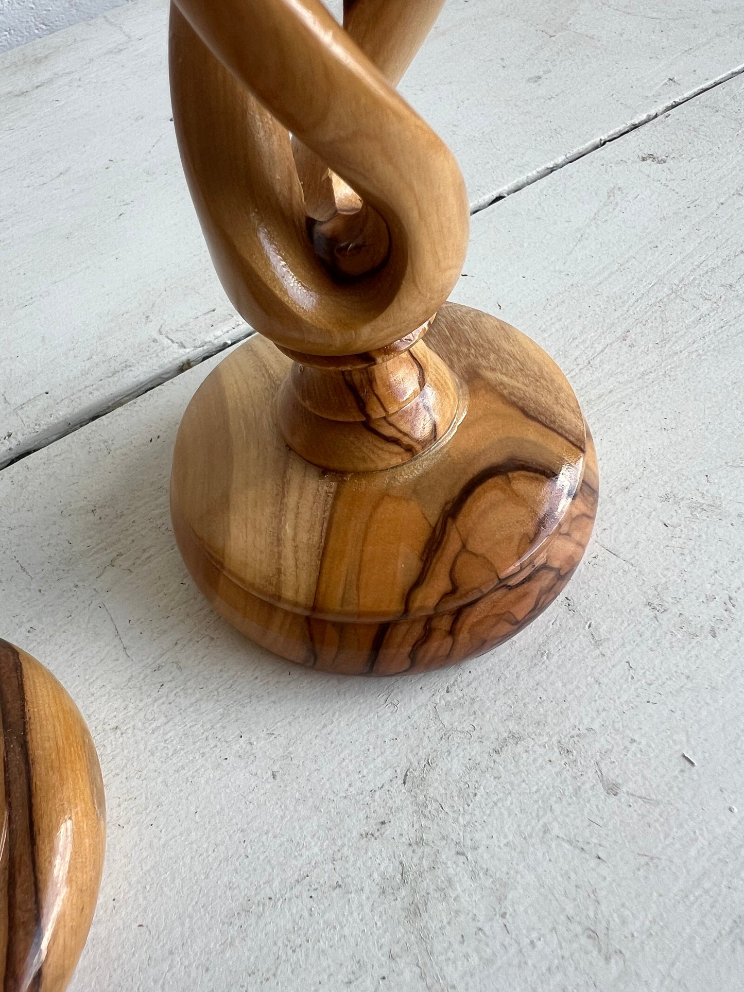 TWO Carved Olive Wood Twisted Candlesticks, Non-Matching Wooden Candle Pair, 9.75" & 9" Candlesticks