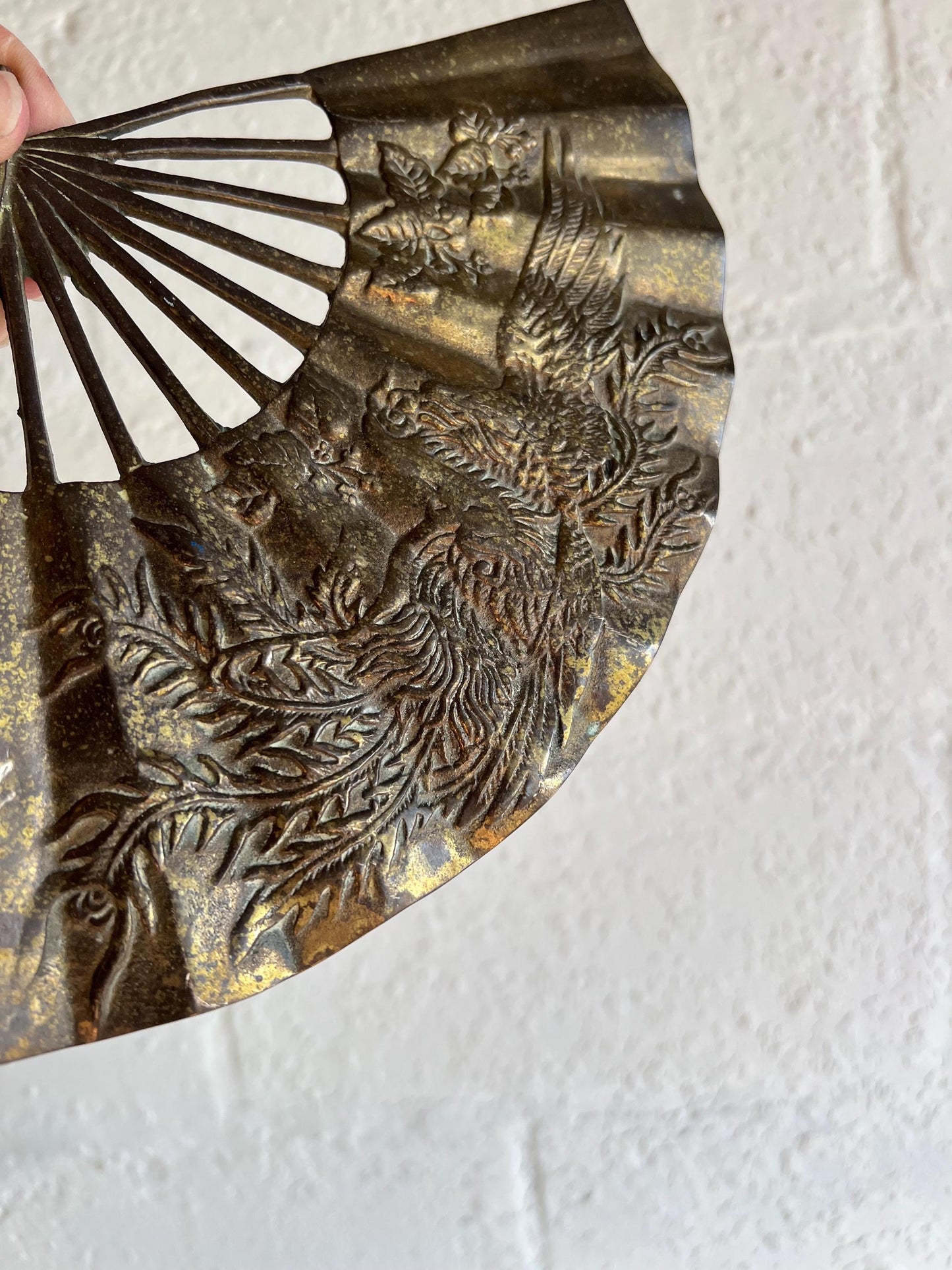 Vintage Brass Asian Fan, Brass Wall Art, Phoenix Rising Detail, Vintage Brass Animal, Brass Patina Wall Art