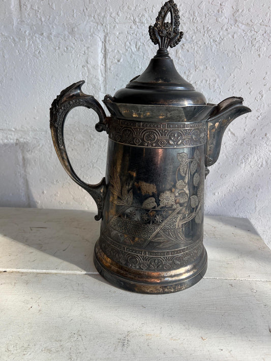 Antique Quadruple Plate Silver Etched Pitcher | Heavy Insulated Water Pitcher | Vintage Silver Pitcher | Antique Table Decor