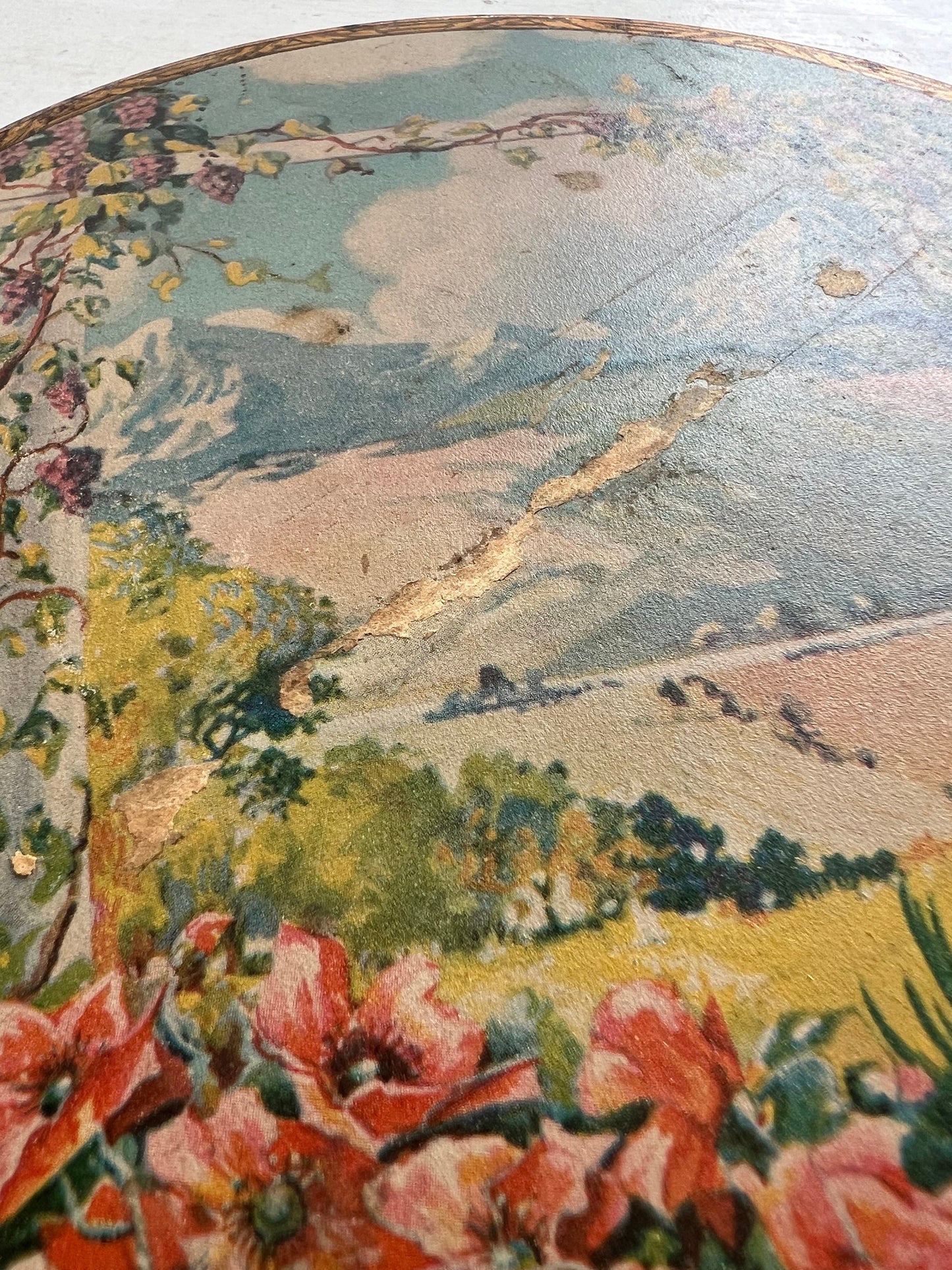 Antique Spring Mountain Tin | Tindeco Antique Tin Box, Mountain & Garden Scene with Florals, Tin with Spring Scene