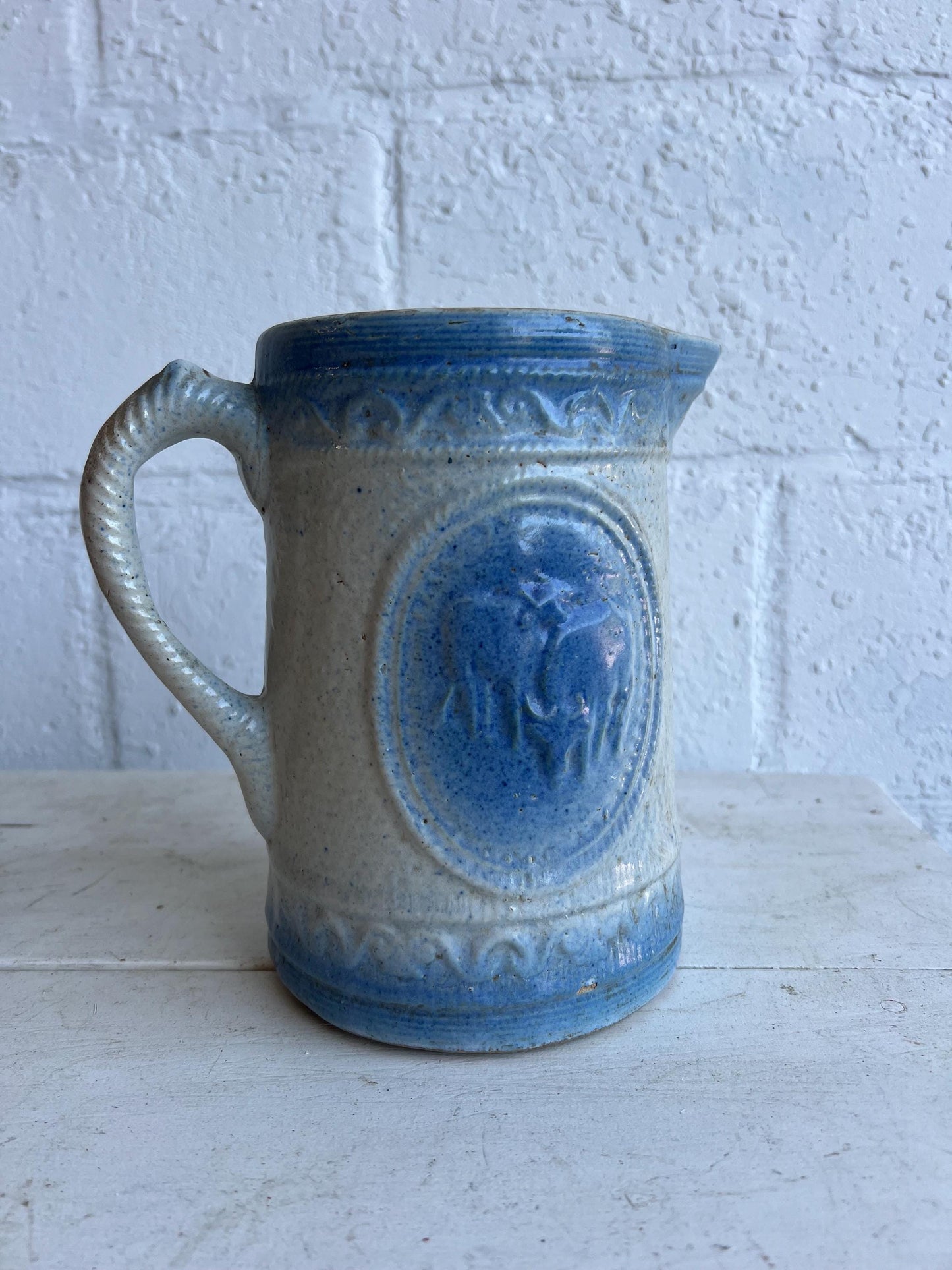 Antique Salt Glaze Stoneware Pitcher, 8" Pitcher Grey & Blue Details with Cows, Old Stoneware Pottery, Antique Stoneware, Farmhouse Decor