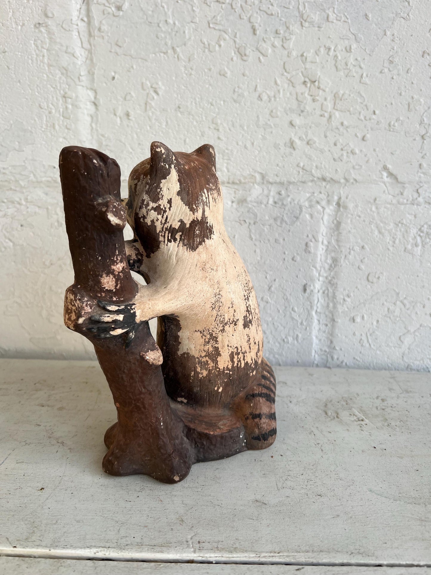 Vintage Worn Ceramic Raccoon Figurine with Log | Distressed Figurine with Very Worn Paint, Vintage Animal Figurine, Vintage Boys Room