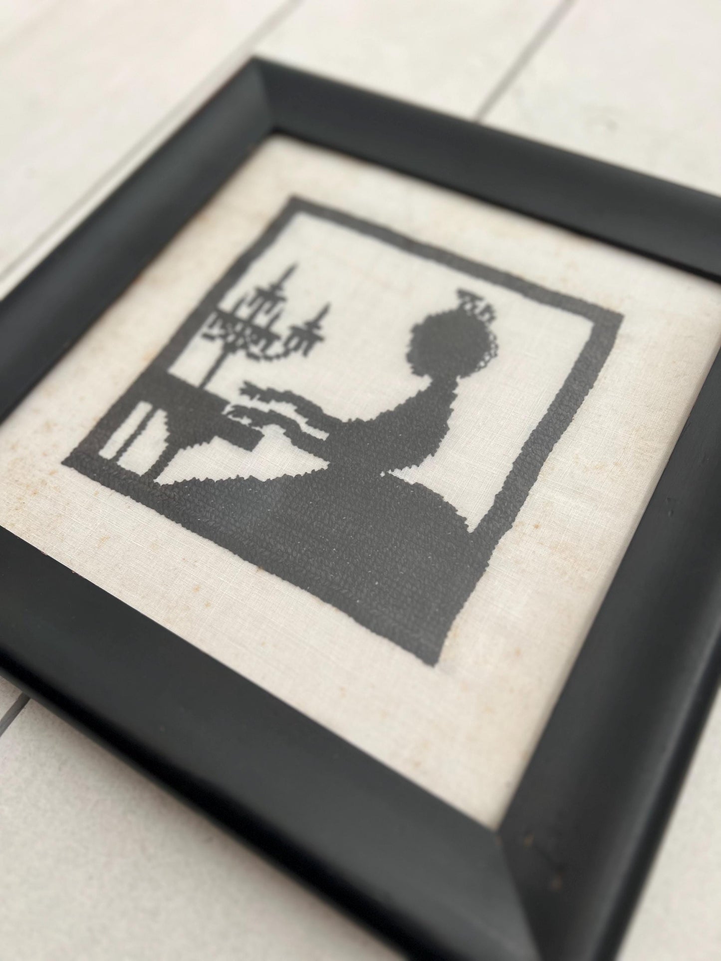 Vintage Hand-Stitched Silhouette Girl + Piano | 11" Antique Cross Stitched, Needlepoint Silhouette, Needlework Vintage, Primitive Needlework